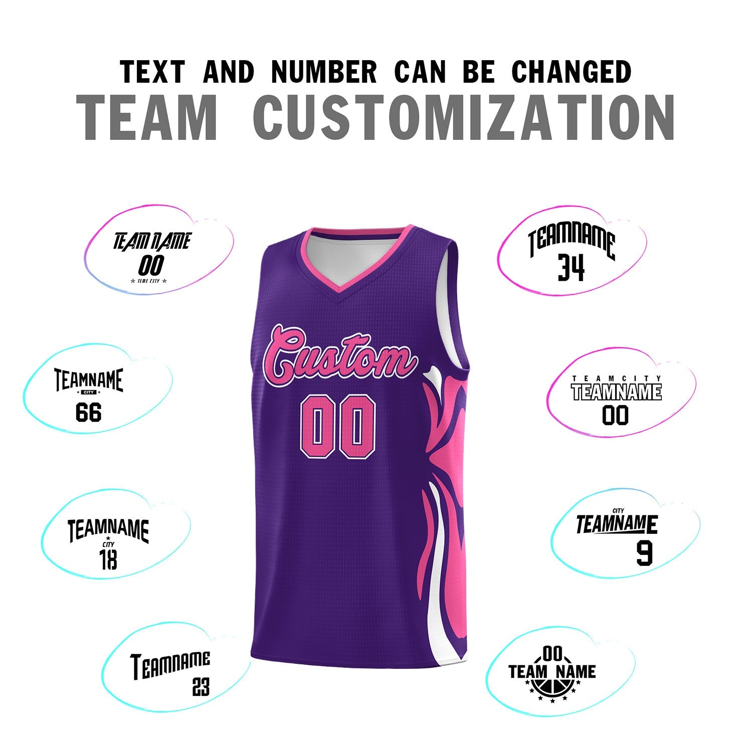 Custom Purple Pink-White Graffiti Pattern Side Curve Pattern Sports Uniform Basketball Jersey Sets