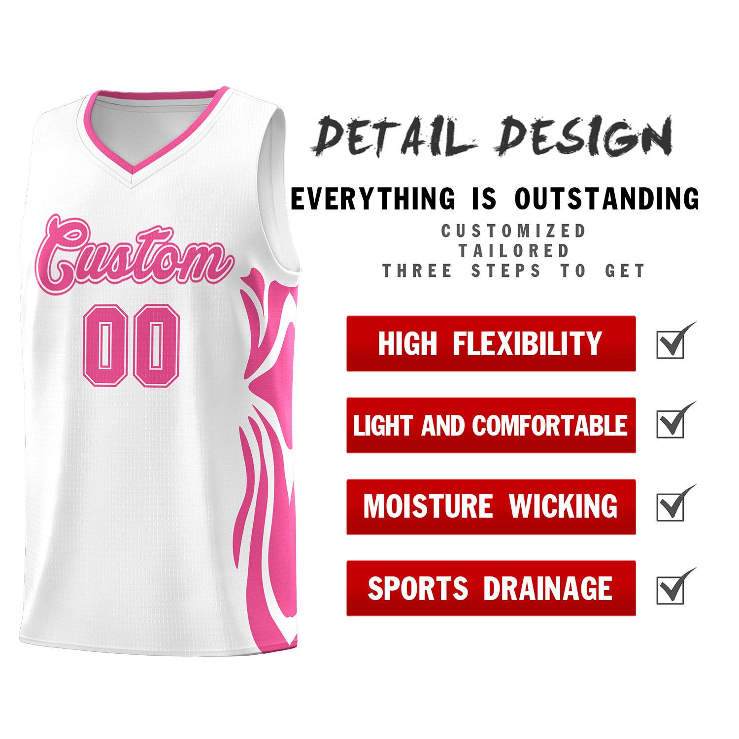 Custom White Pink-Pink Graffiti Pattern Side Curve Pattern Sports Uniform Basketball Jersey Sets