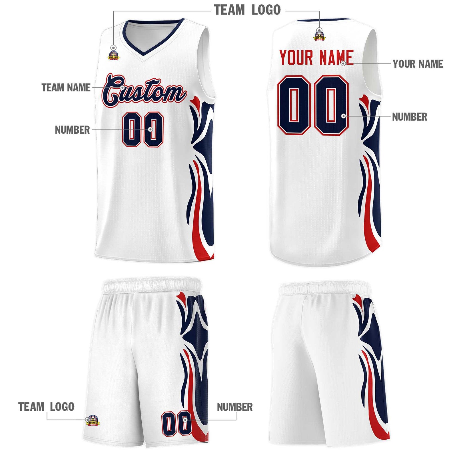 Custom White Navy-Red Graffiti Pattern Side Curve Pattern Sports Uniform Basketball Jersey Sets