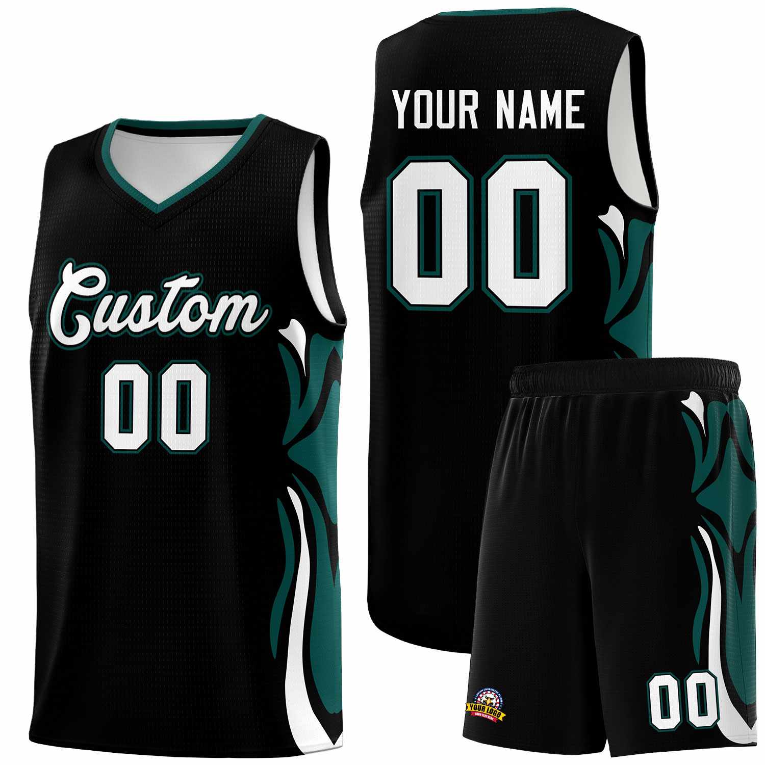 Custom Black White-Midnight Green Graffiti Pattern Side Curve Pattern Sports Uniform Basketball Jersey Sets