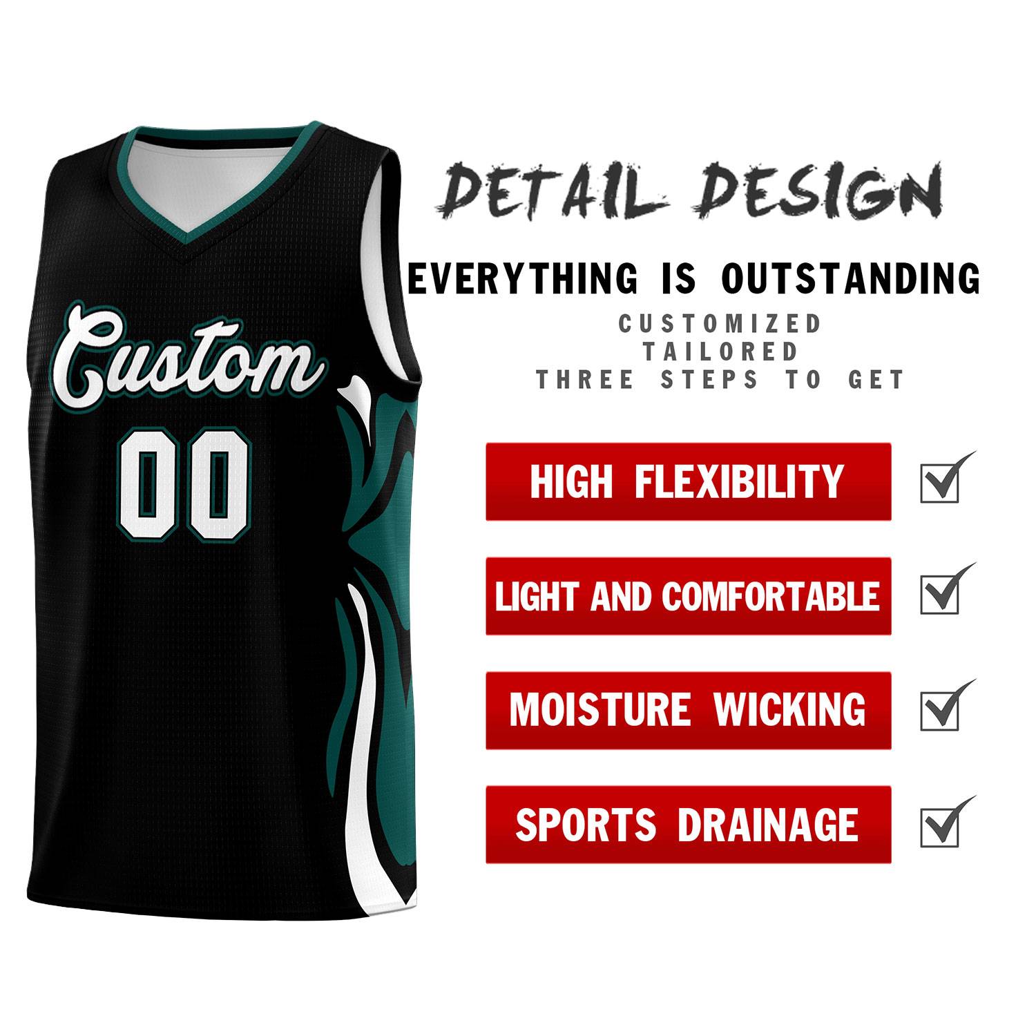 Custom Black White-Midnight Green Graffiti Pattern Side Curve Pattern Sports Uniform Basketball Jersey Sets