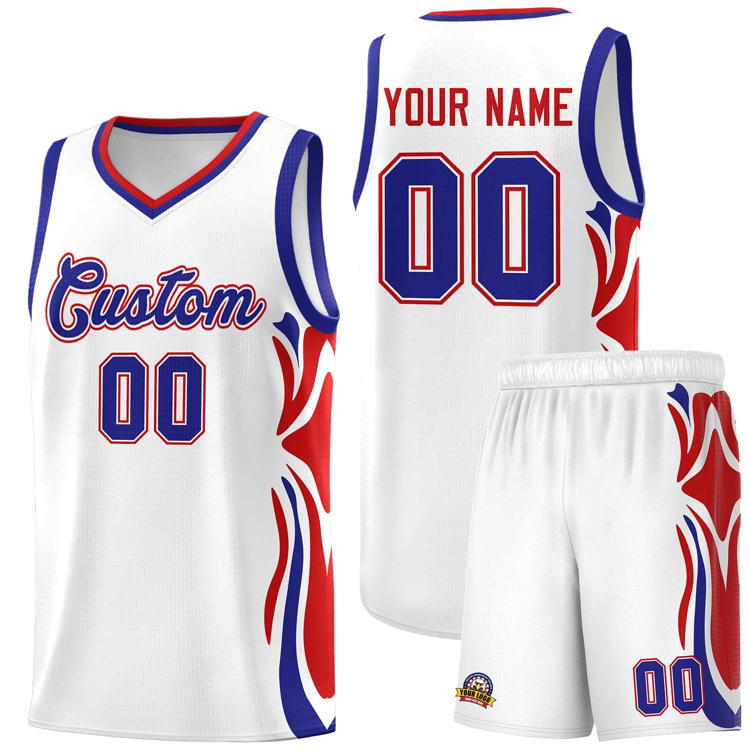 Custom White Royal-Red Graffiti Pattern Side Curve Pattern Sports Uniform Basketball Jersey Sets
