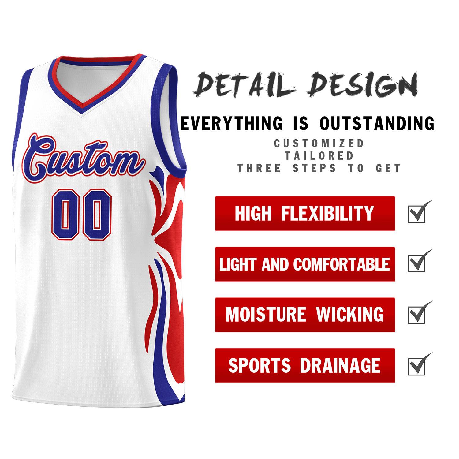 Custom White Royal-Red Graffiti Pattern Side Curve Pattern Sports Uniform Basketball Jersey Sets