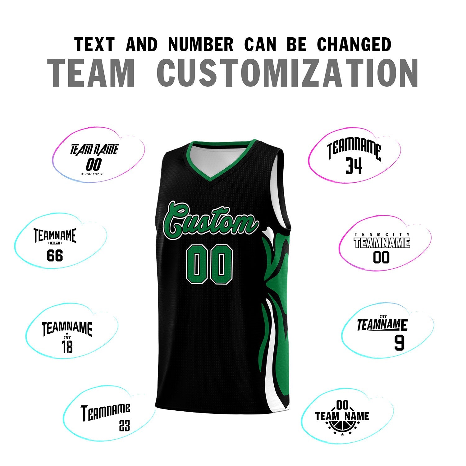Custom Black Kelly Green-White Graffiti Pattern Side Curve Pattern Sports Uniform Basketball Jersey Sets