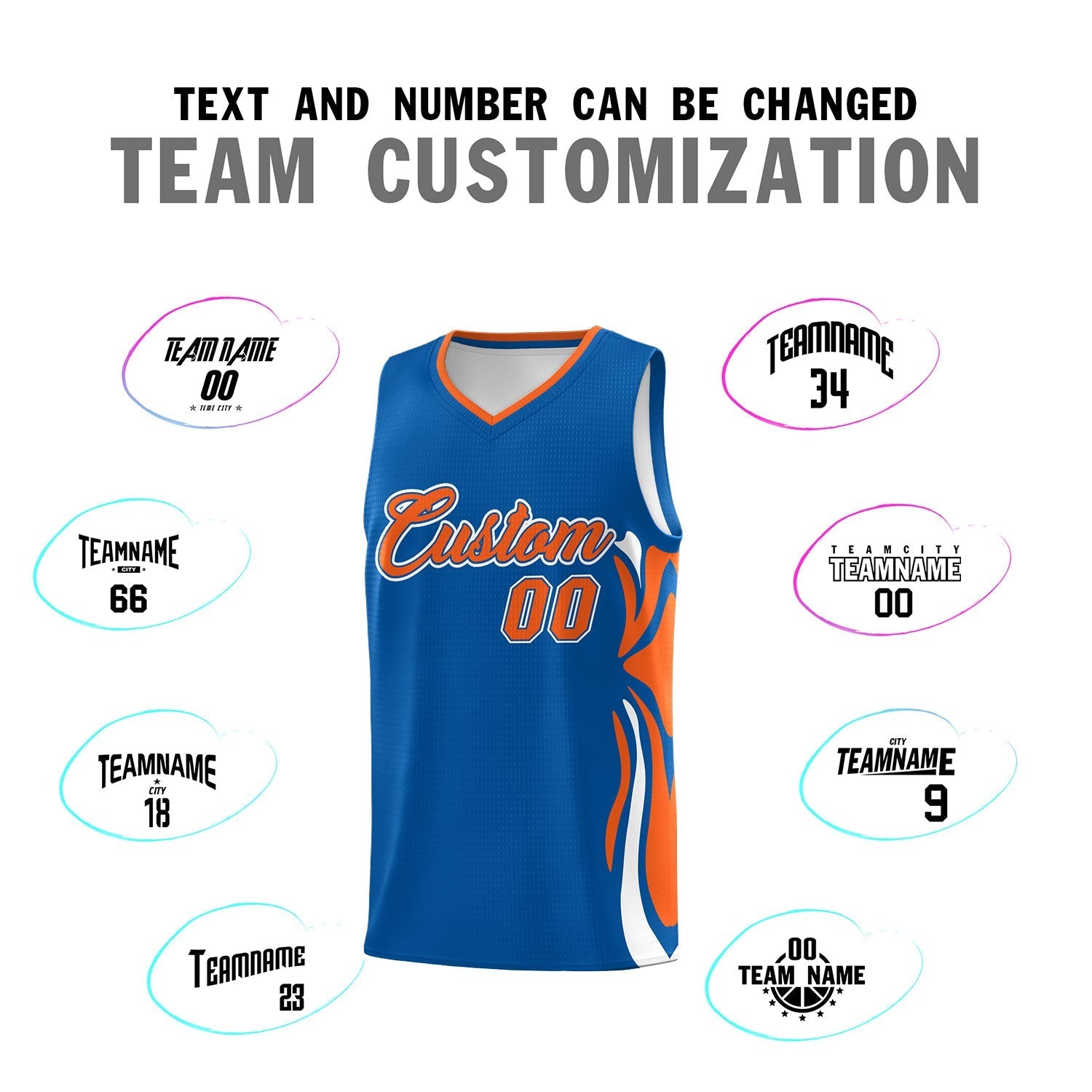 Custom Royal Orange-White Graffiti Pattern Side Curve Pattern Sports Uniform Basketball Jersey Sets