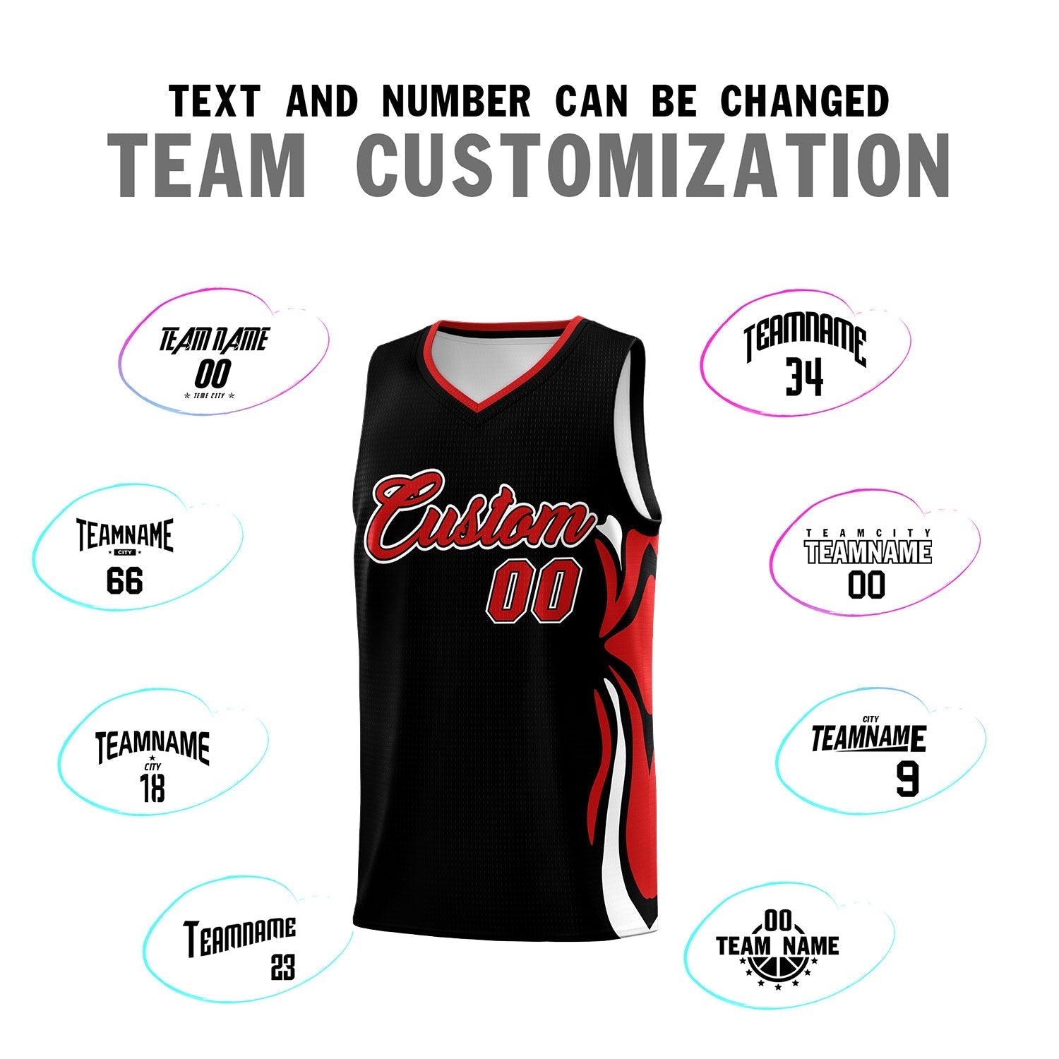Custom Black Red-White Graffiti Pattern Side Curve Pattern Sports Uniform Basketball Jersey Sets