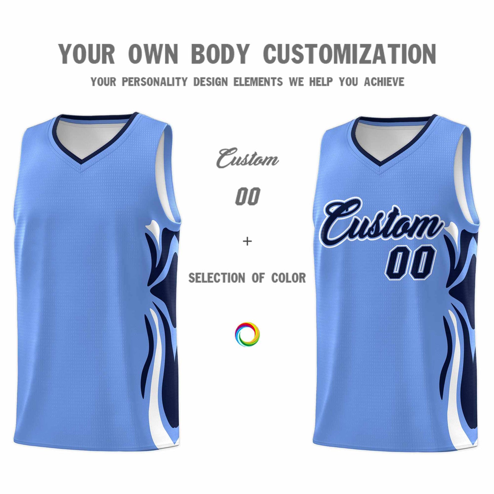 Custom Light Blue Navy-White Graffiti Pattern Side Curve Pattern Sports Uniform Basketball Jersey Sets