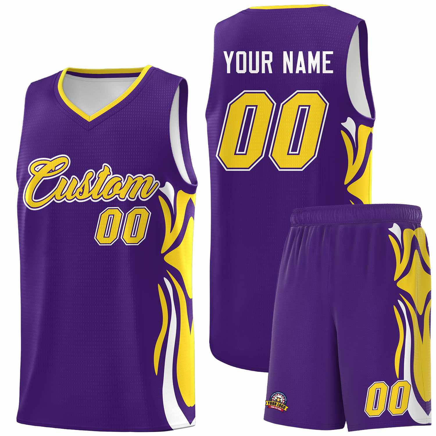 Custom Purple Gold-White Graffiti Pattern Side Curve Pattern Sports Uniform Basketball Jersey Sets