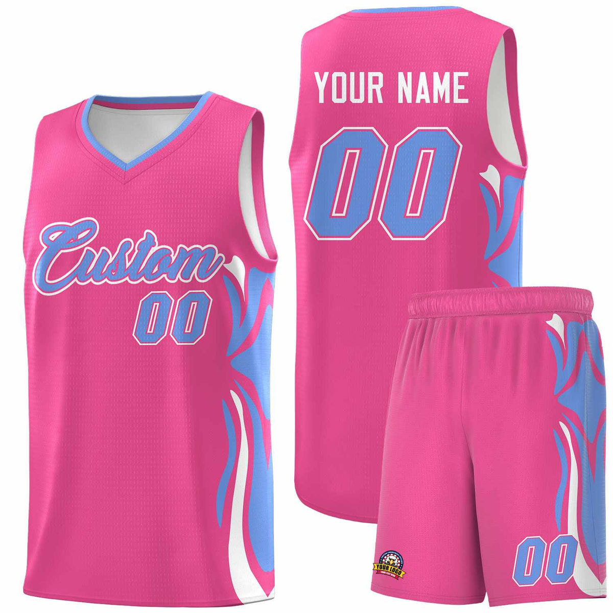 Custom Pink Light Blue-White Graffiti Pattern Side Curve Pattern Sports Uniform Basketball Jersey Sets