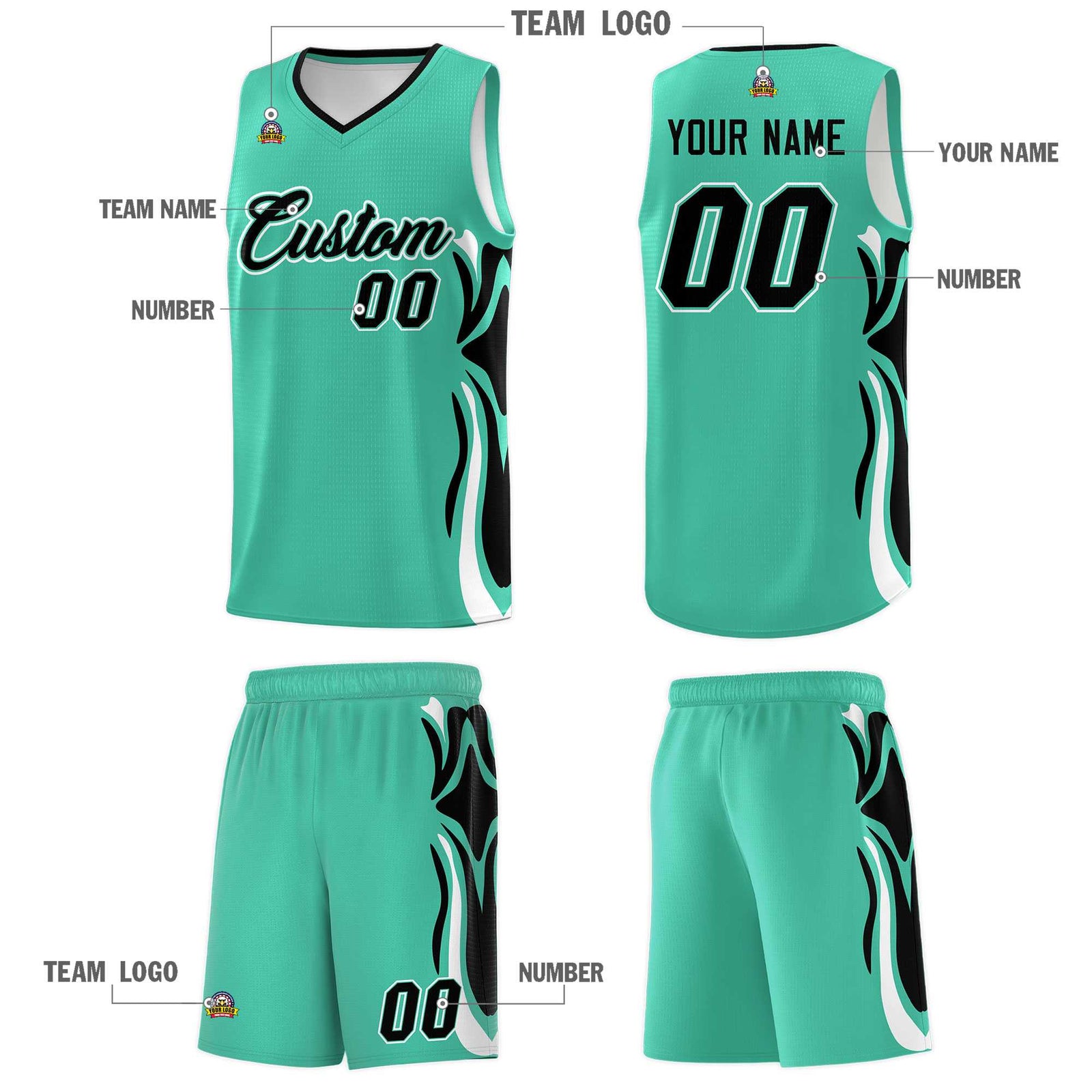 Custom Bright Green Black-White Graffiti Pattern Side Curve Pattern Sports Uniform Basketball Jersey Sets