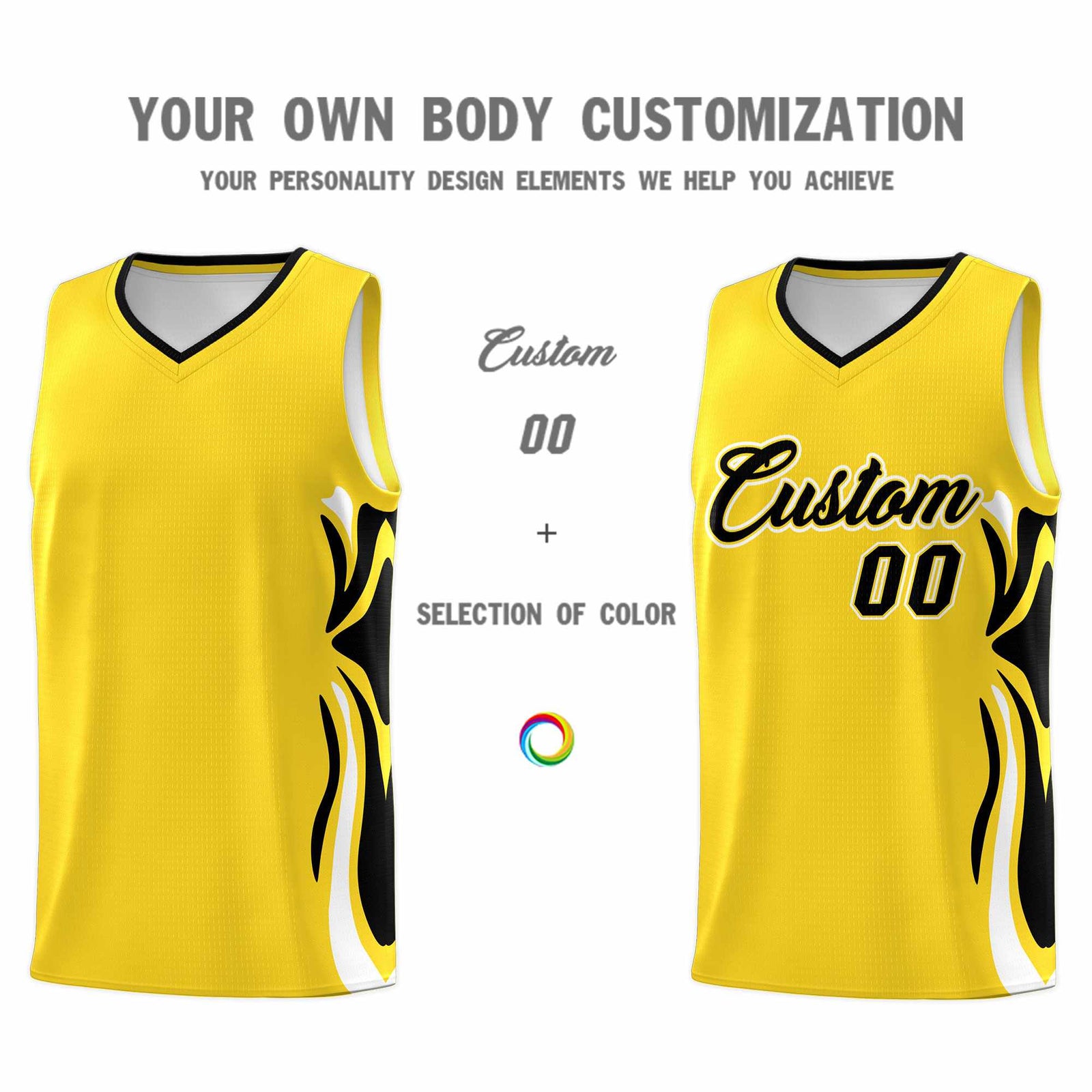 Custom Gold Black-White Graffiti Pattern Side Curve Pattern Sports Uniform Basketball Jersey Sets