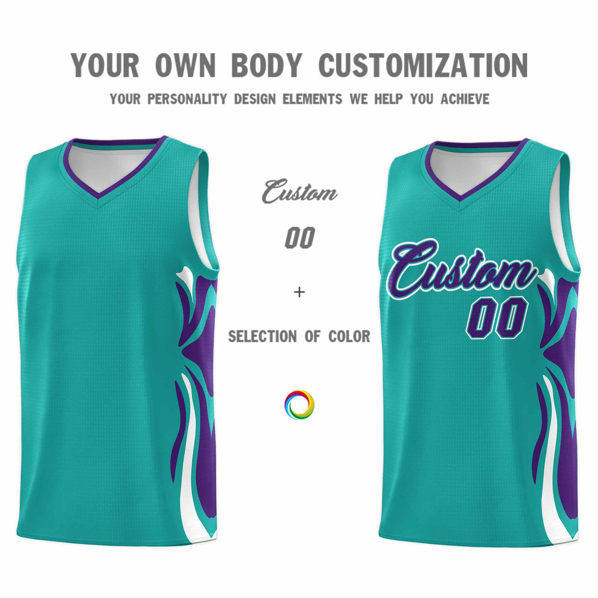 Custom Aqua Purple-White Graffiti Pattern Side Curve Pattern Sports Uniform Basketball Jersey Sets