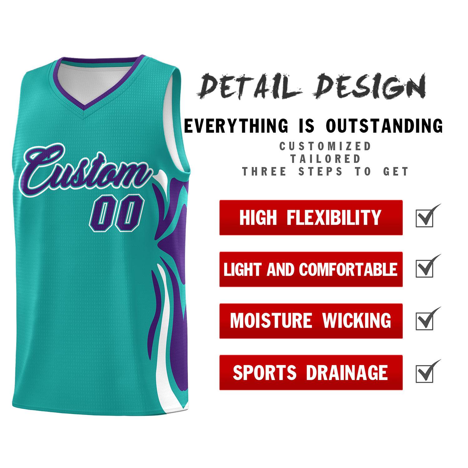 Custom Aqua Purple-White Graffiti Pattern Side Curve Pattern Sports Uniform Basketball Jersey Sets