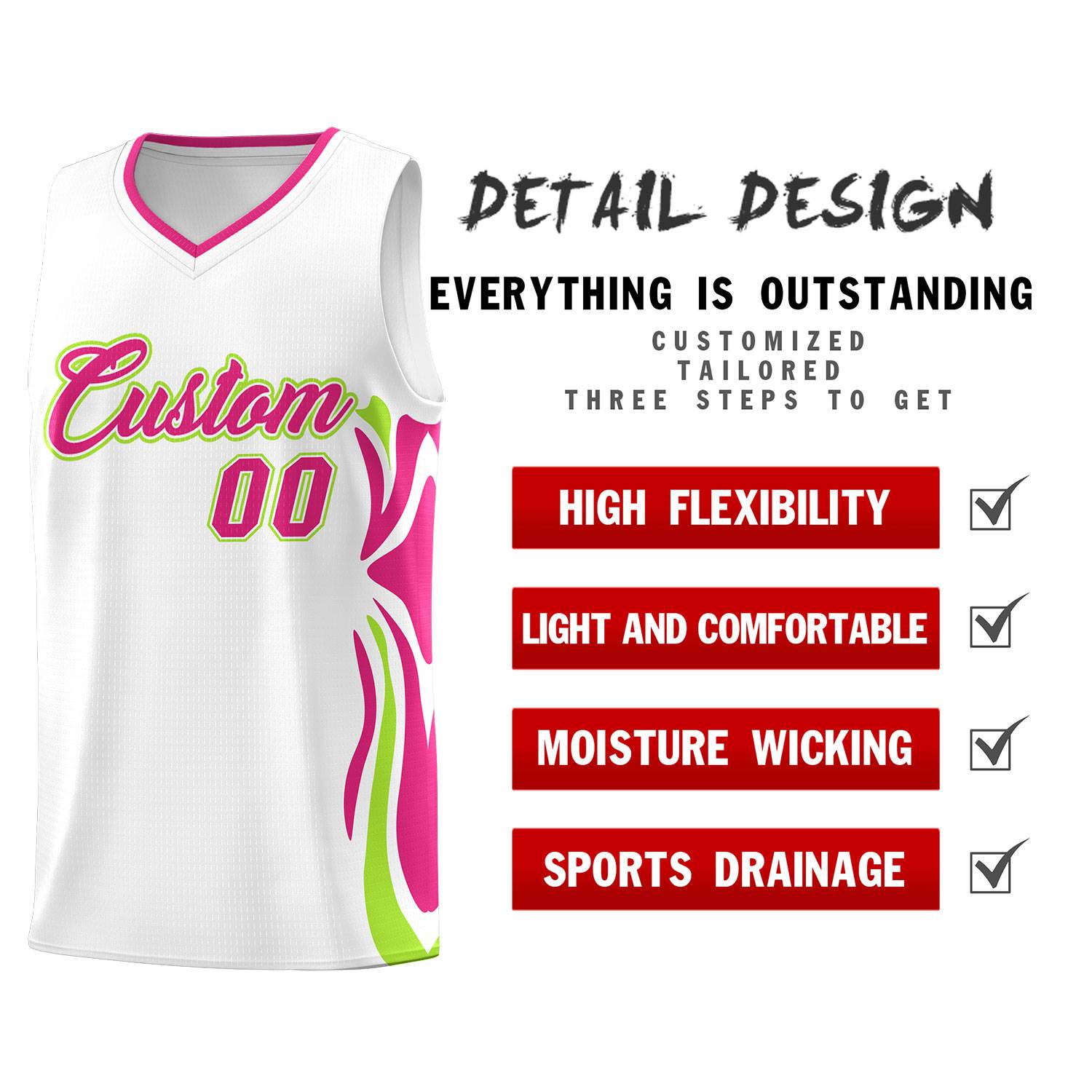 Custom White Pink-Light Green Graffiti Pattern Side Curve Pattern Sports Uniform Basketball Jersey Sets
