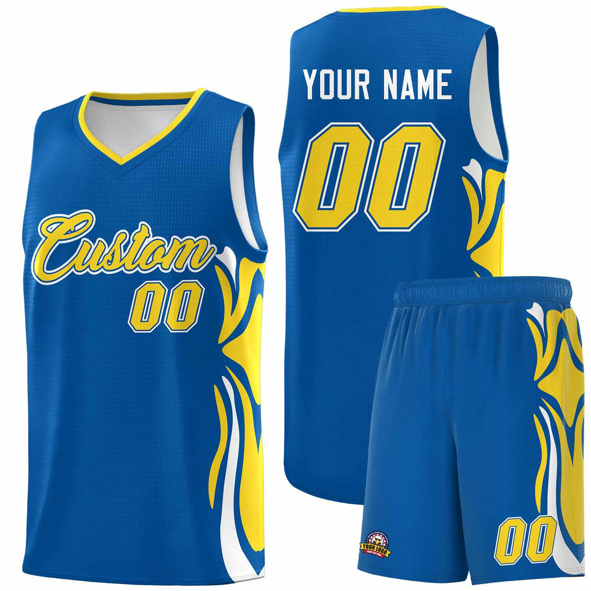 Custom Royal Gold-White Graffiti Pattern Side Curve Pattern Sports Uniform Basketball Jersey Sets