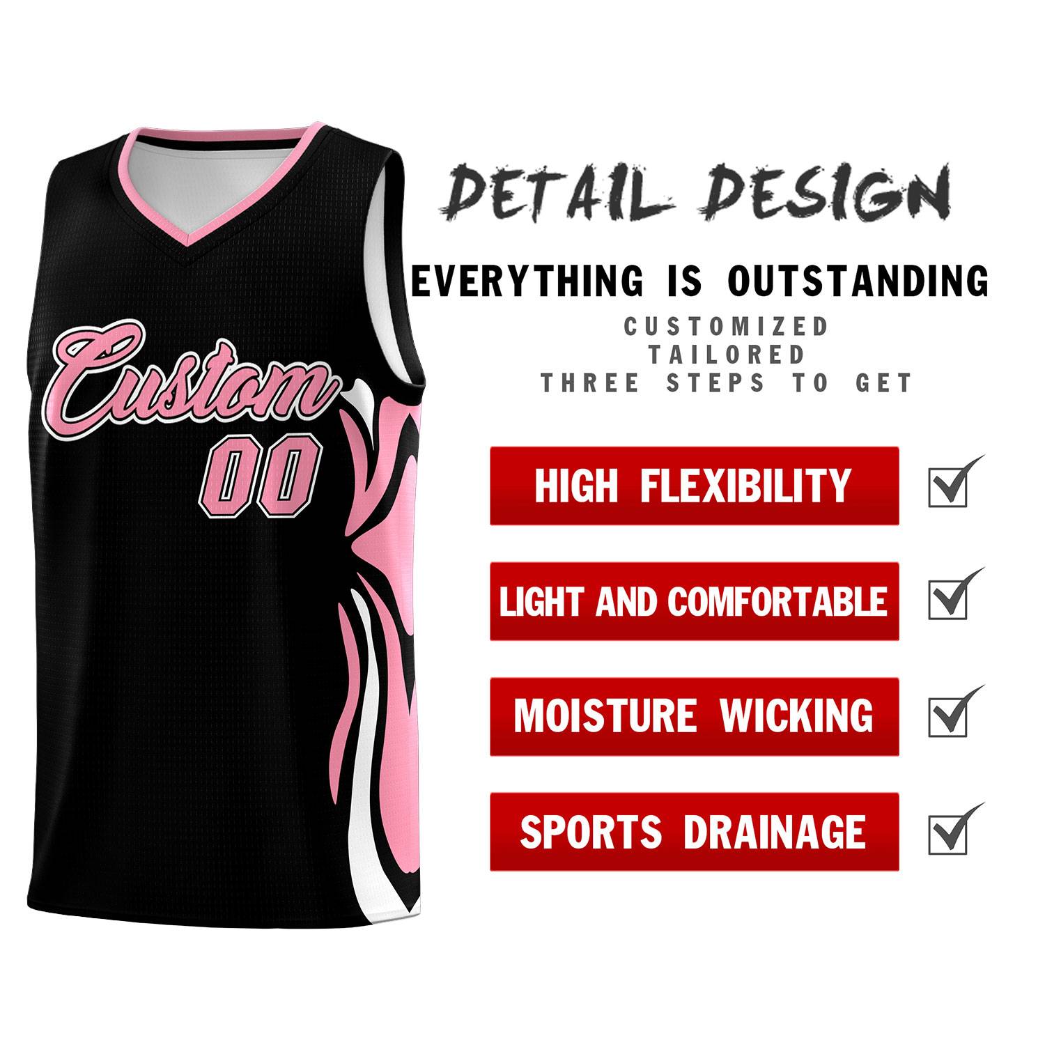 Custom Black Light Pink-White Graffiti Pattern Side Curve Pattern Sports Uniform Basketball Jersey Sets