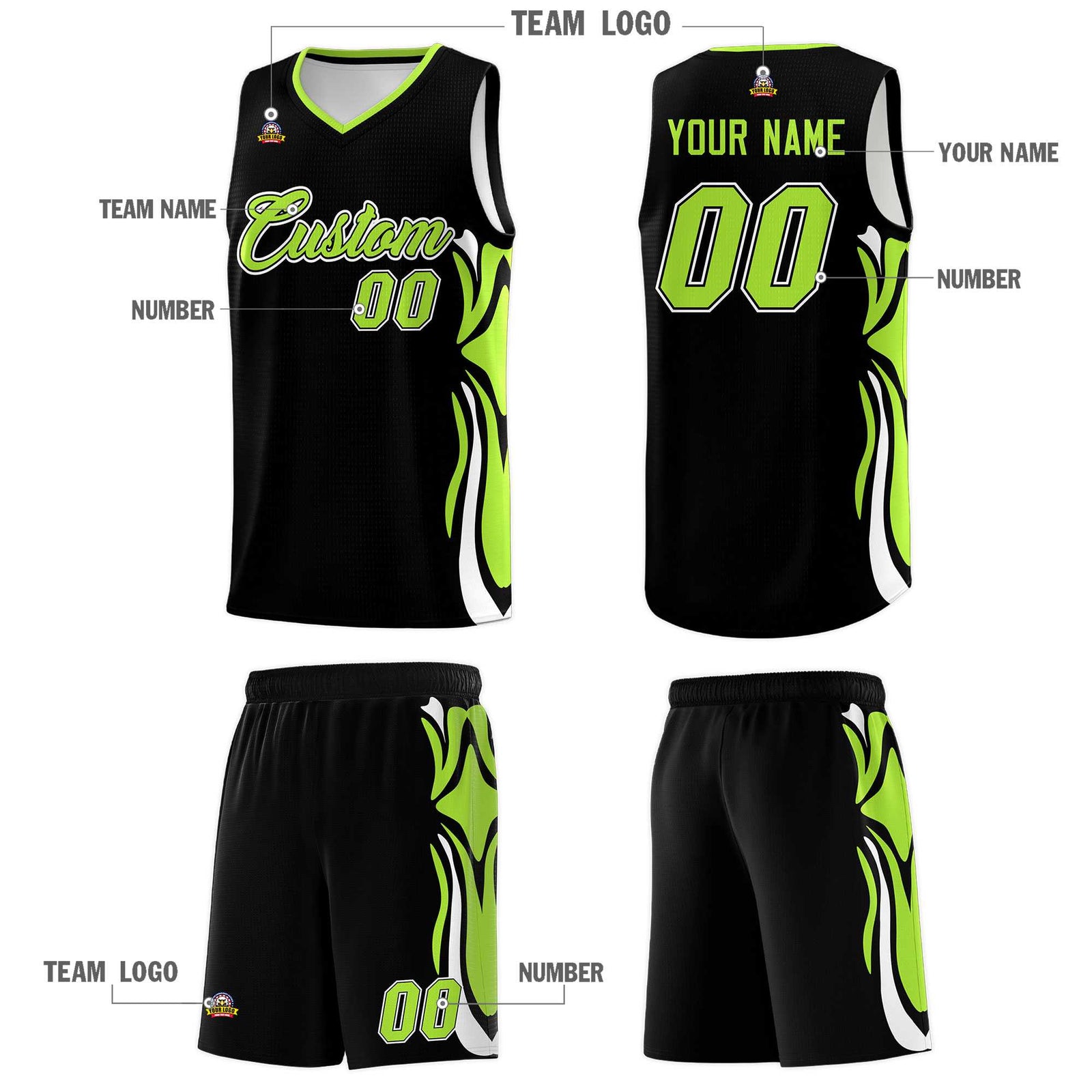 Custom Black Light Green-White Graffiti Pattern Side Curve Pattern Sports Uniform Basketball Jersey Sets