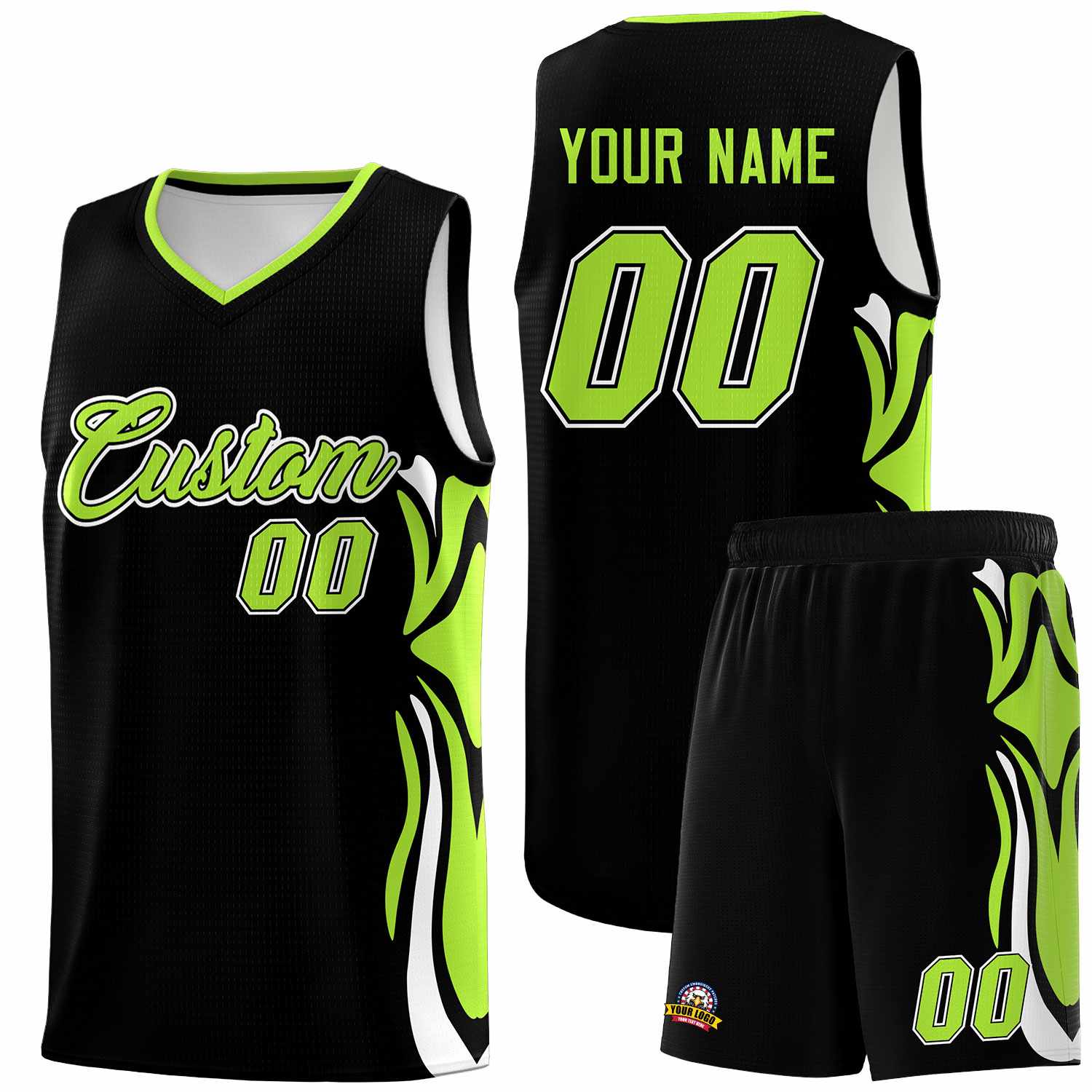 Custom Black Light Green-White Graffiti Pattern Side Curve Pattern Sports Uniform Basketball Jersey Sets