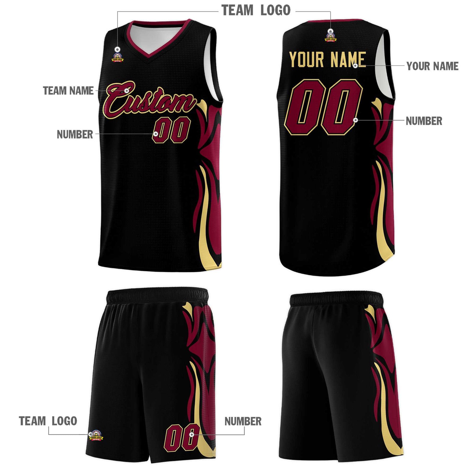 Custom Black Crimson-Khaki Graffiti Pattern Side Curve Pattern Sports Uniform Basketball Jersey Sets