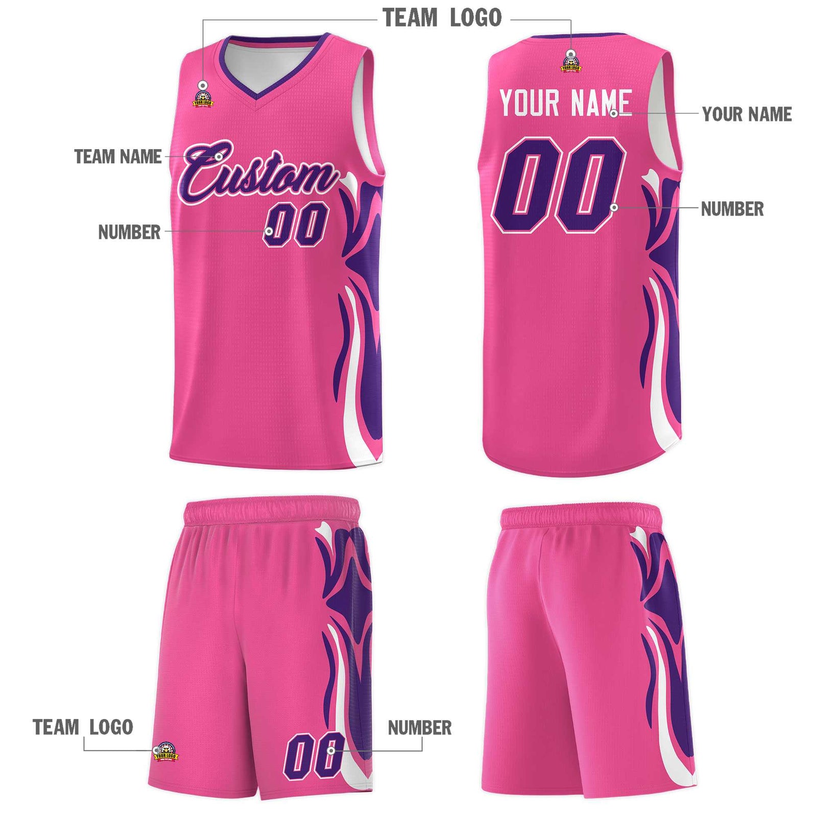 Custom Pink Purple-White Graffiti Pattern Side Curve Pattern Sports Uniform Basketball Jersey Sets
