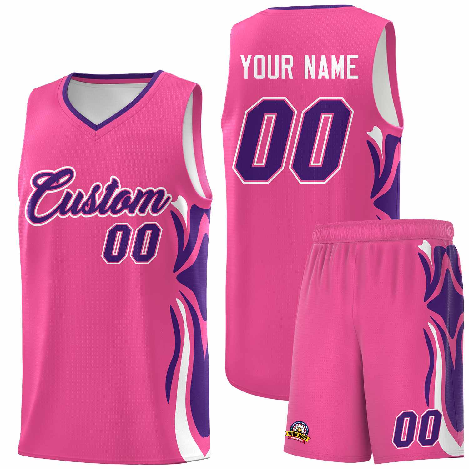 Custom Pink Purple-White Graffiti Pattern Side Curve Pattern Sports Uniform Basketball Jersey Sets