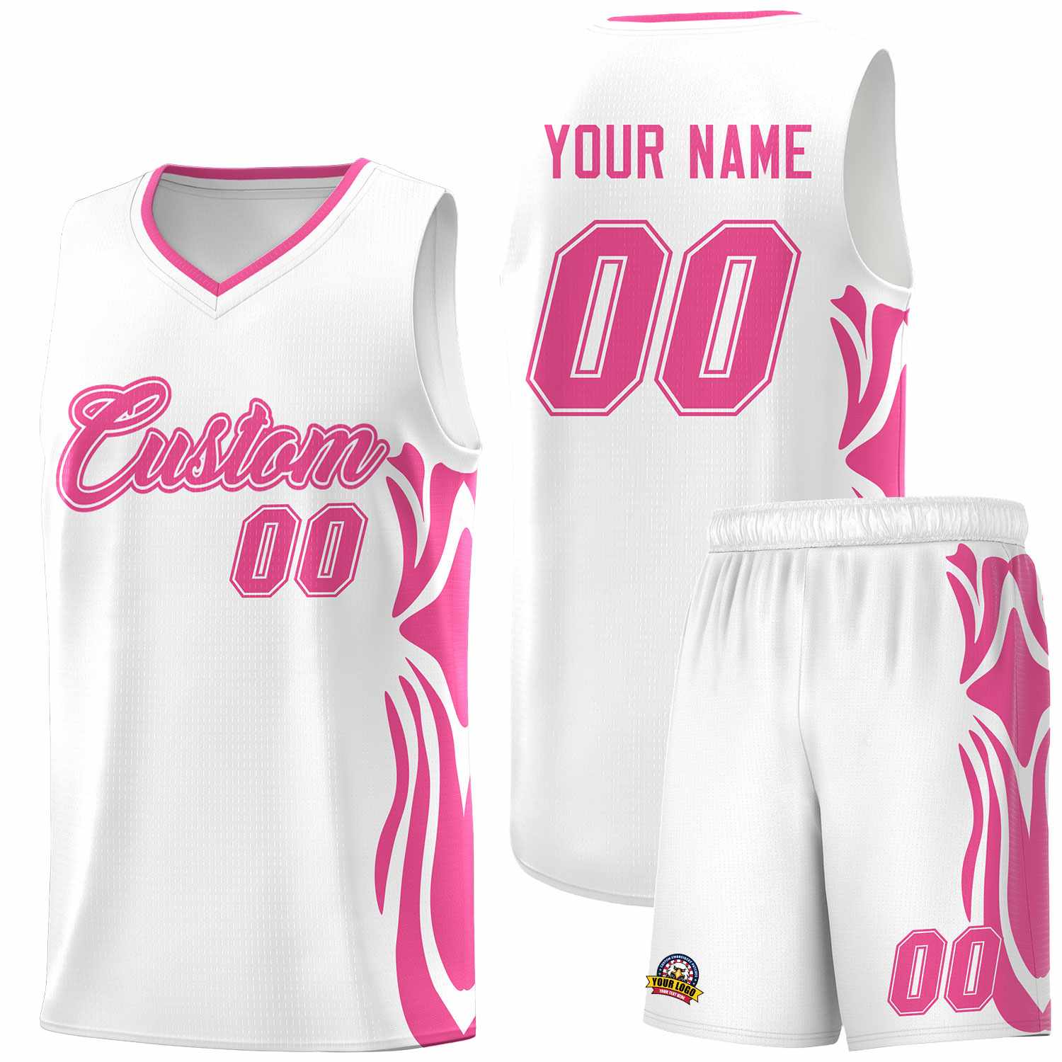 Custom White Pink-Pink Graffiti Pattern Side Curve Pattern Sports Uniform Basketball Jersey Sets