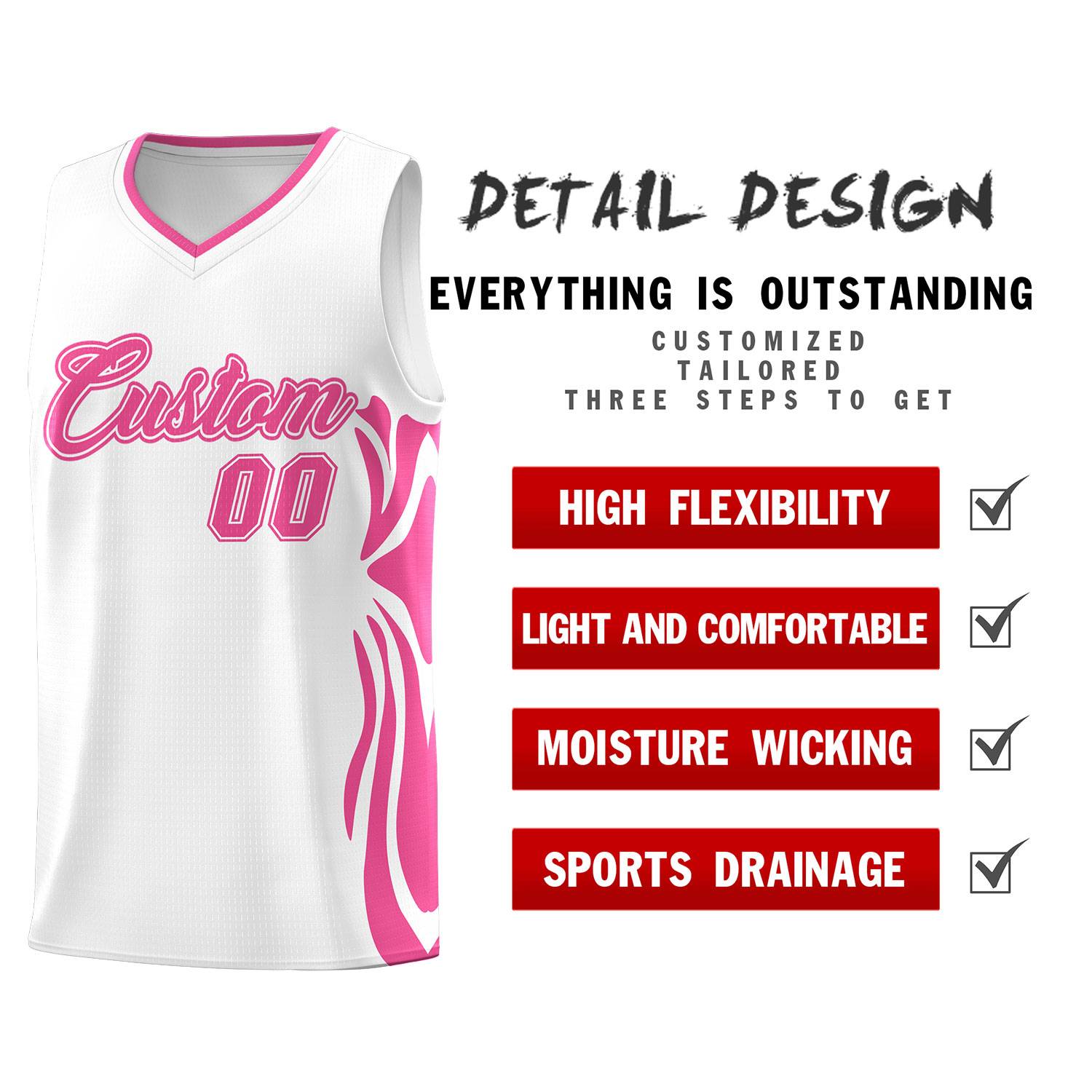 Custom White Pink-Pink Graffiti Pattern Side Curve Pattern Sports Uniform Basketball Jersey Sets