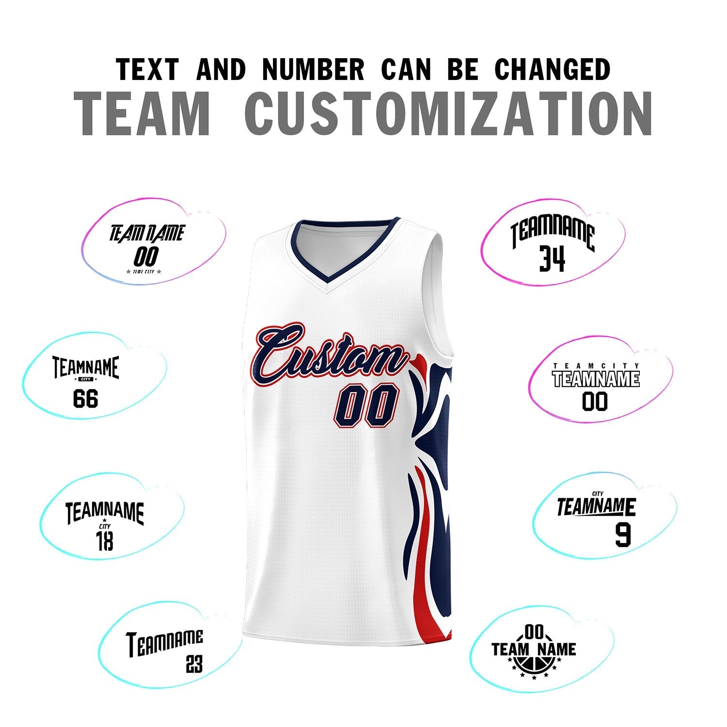 Custom White Navy-Red Graffiti Pattern Side Curve Pattern Sports Uniform Basketball Jersey Sets