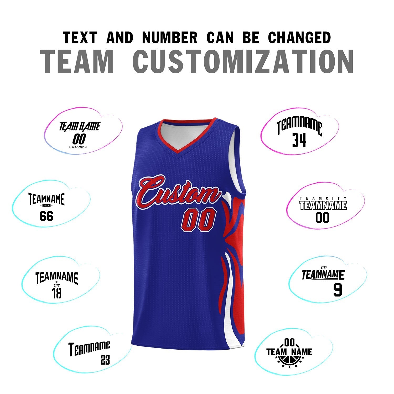 Custom Royal Red-White Graffiti Pattern Side Curve Pattern Sports Uniform Basketball Jersey Sets