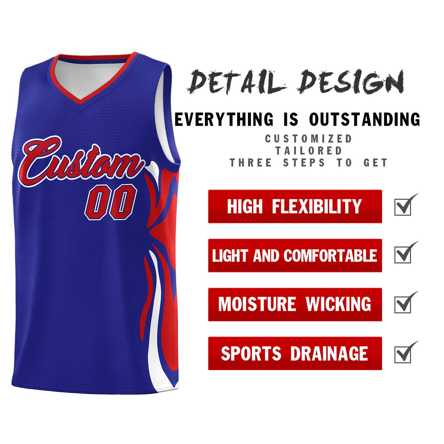 Custom Royal Red-White Graffiti Pattern Side Curve Pattern Sports Uniform Basketball Jersey Sets