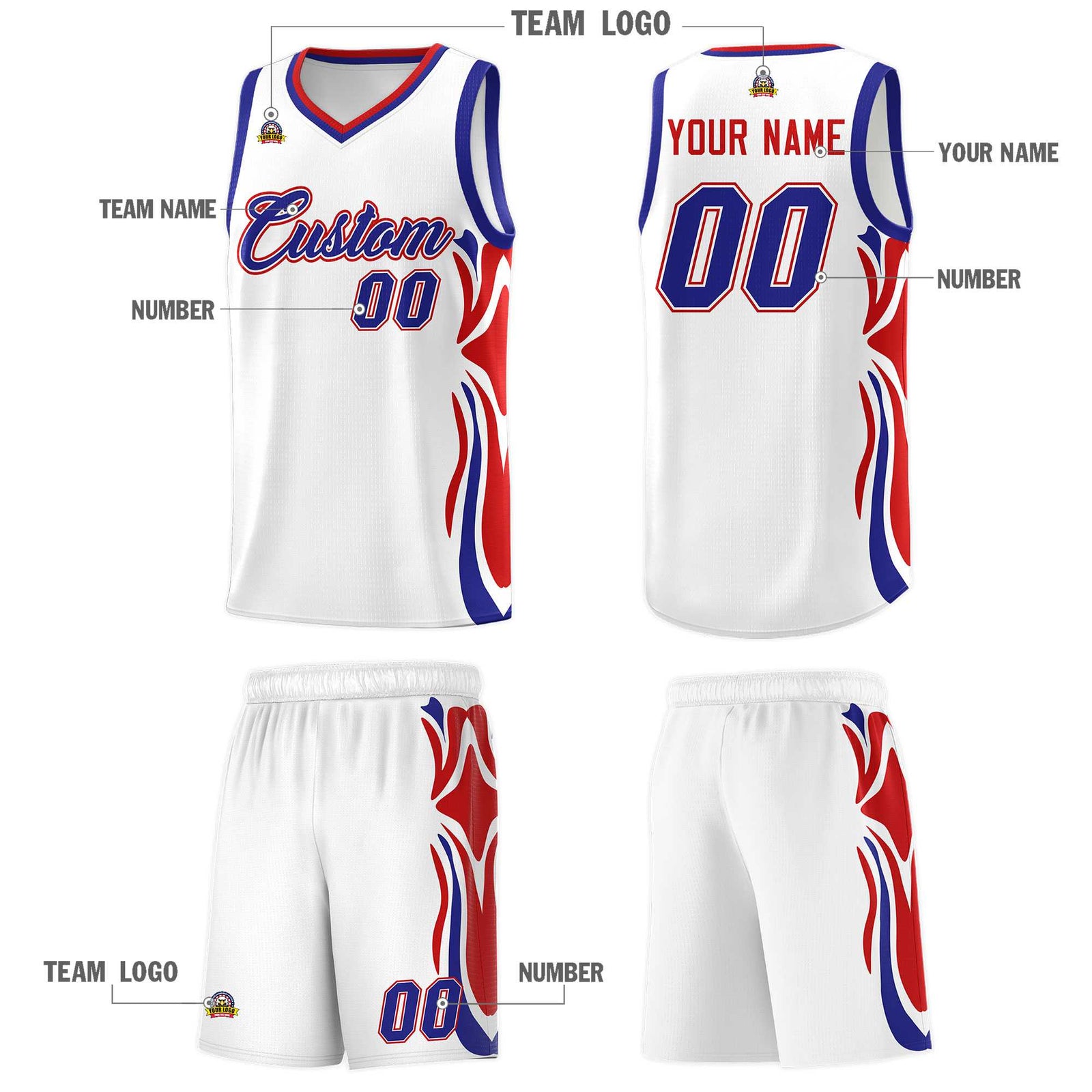 Custom White Royal-Red Graffiti Pattern Side Curve Pattern Sports Uniform Basketball Jersey Sets