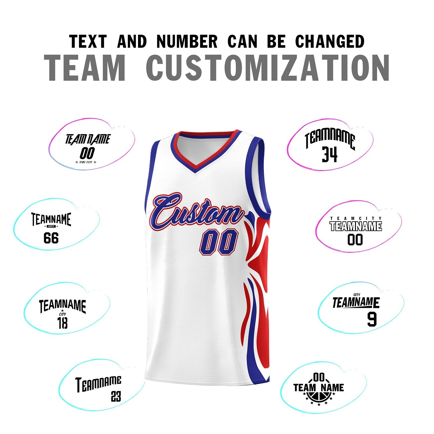 Custom White Royal-Red Graffiti Pattern Side Curve Pattern Sports Uniform Basketball Jersey Sets