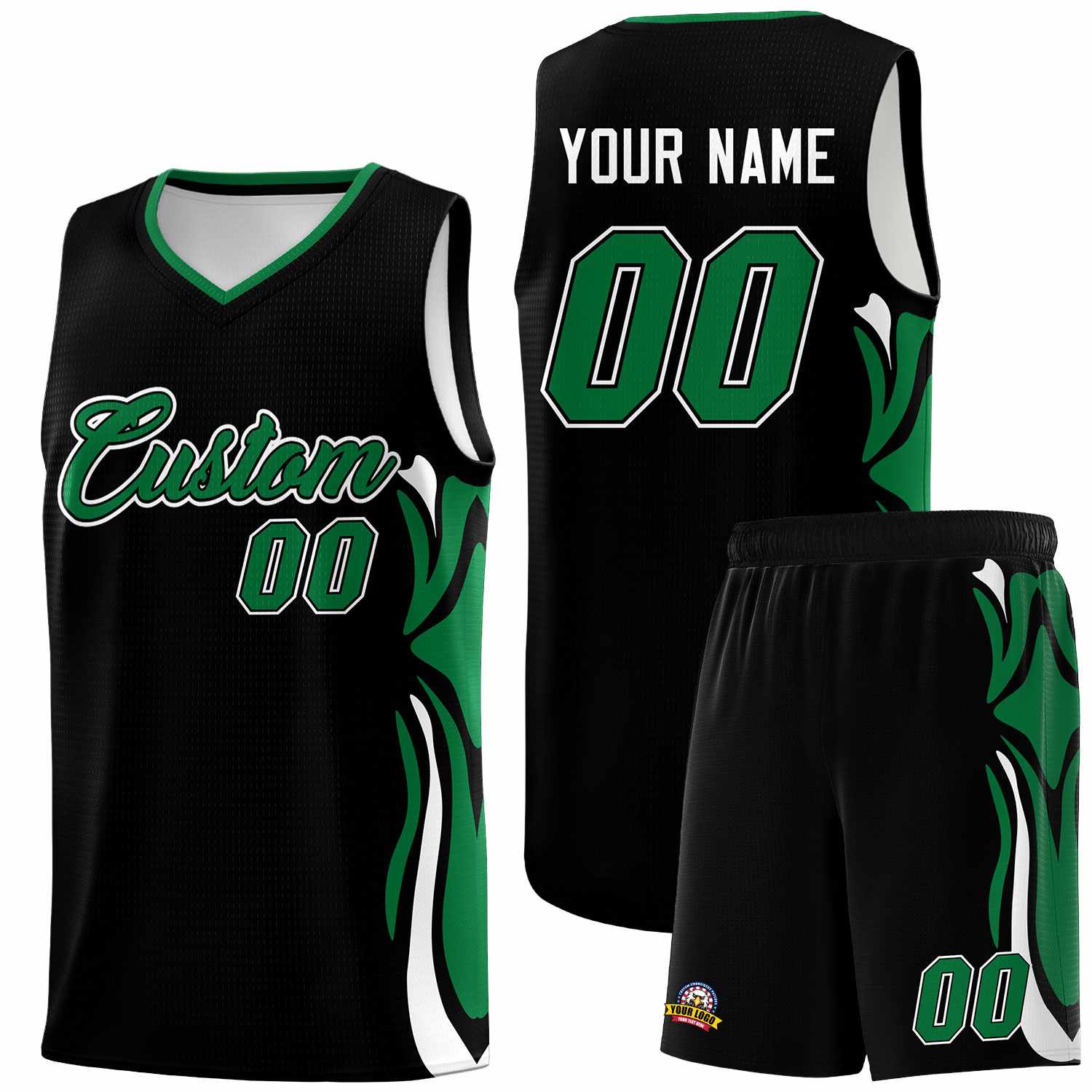 Custom Black Kelly Green-White Graffiti Pattern Side Curve Pattern Sports Uniform Basketball Jersey Sets