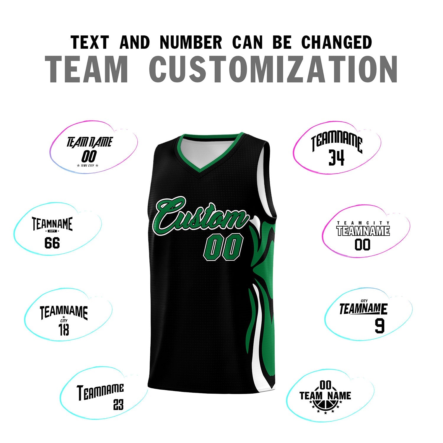 Custom Black Kelly Green-White Graffiti Pattern Side Curve Pattern Sports Uniform Basketball Jersey Sets