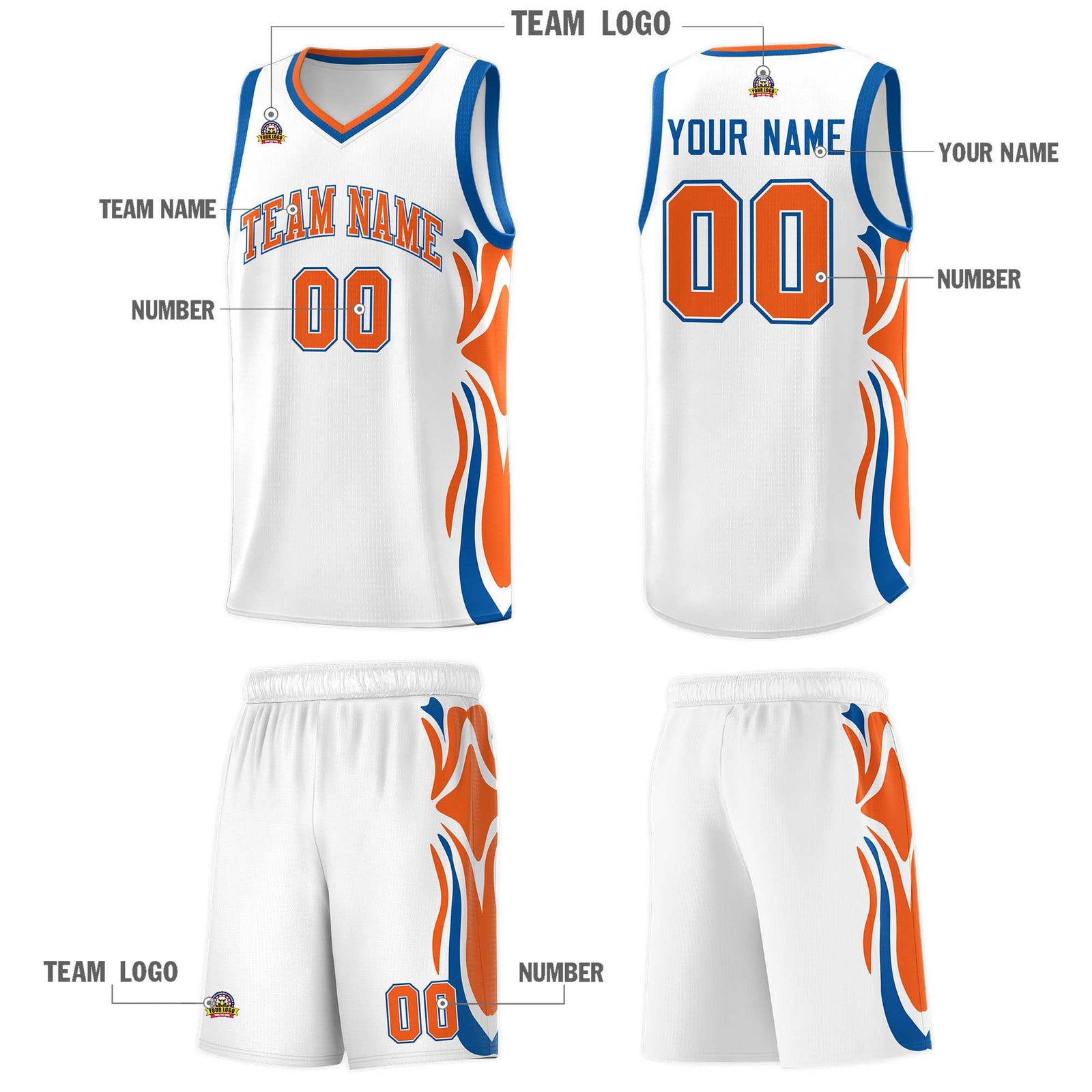 Custom White Orange-Royal Graffiti Pattern Side Curve Pattern Sports Uniform Basketball Jersey Sets