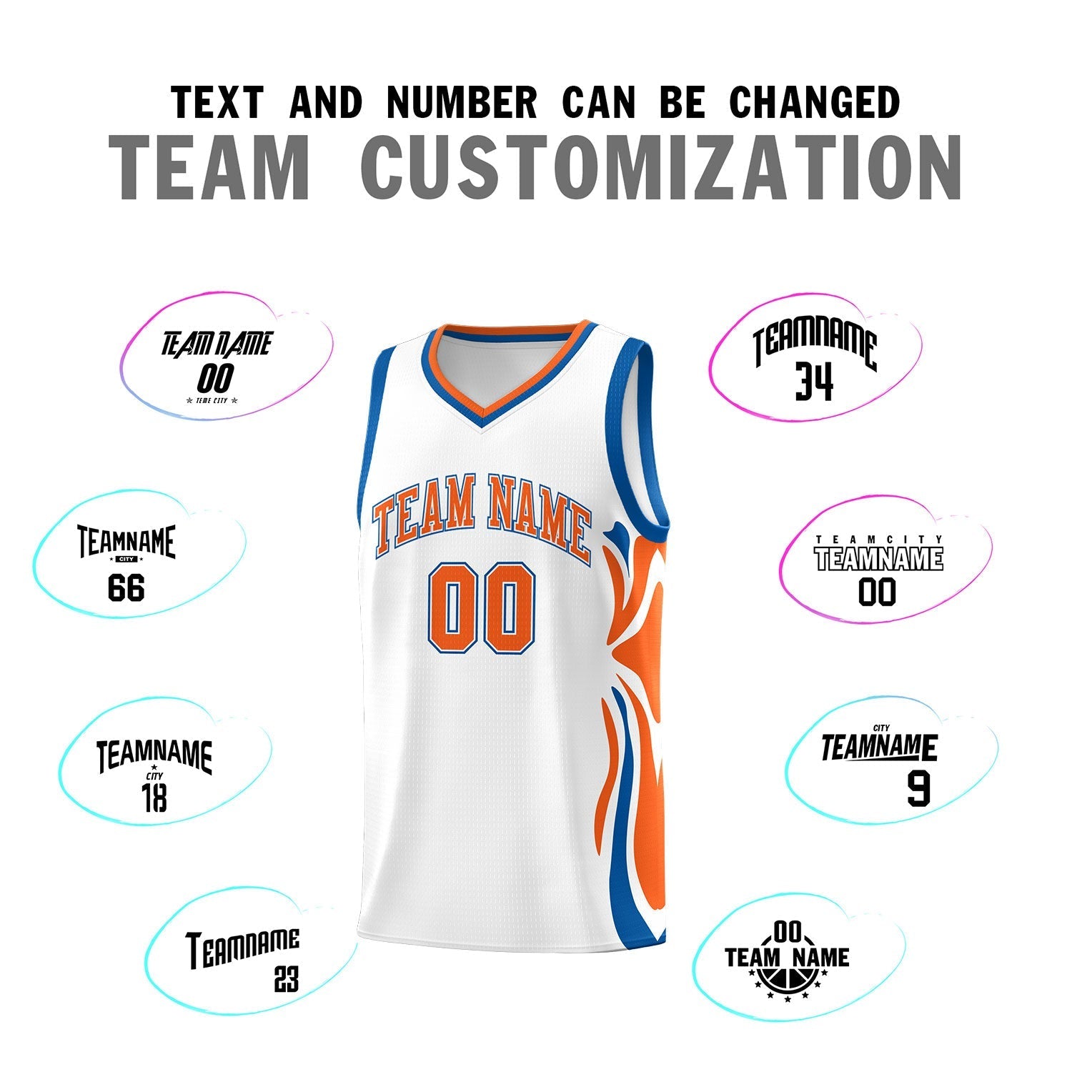 Custom White Orange-Royal Graffiti Pattern Side Curve Pattern Sports Uniform Basketball Jersey Sets