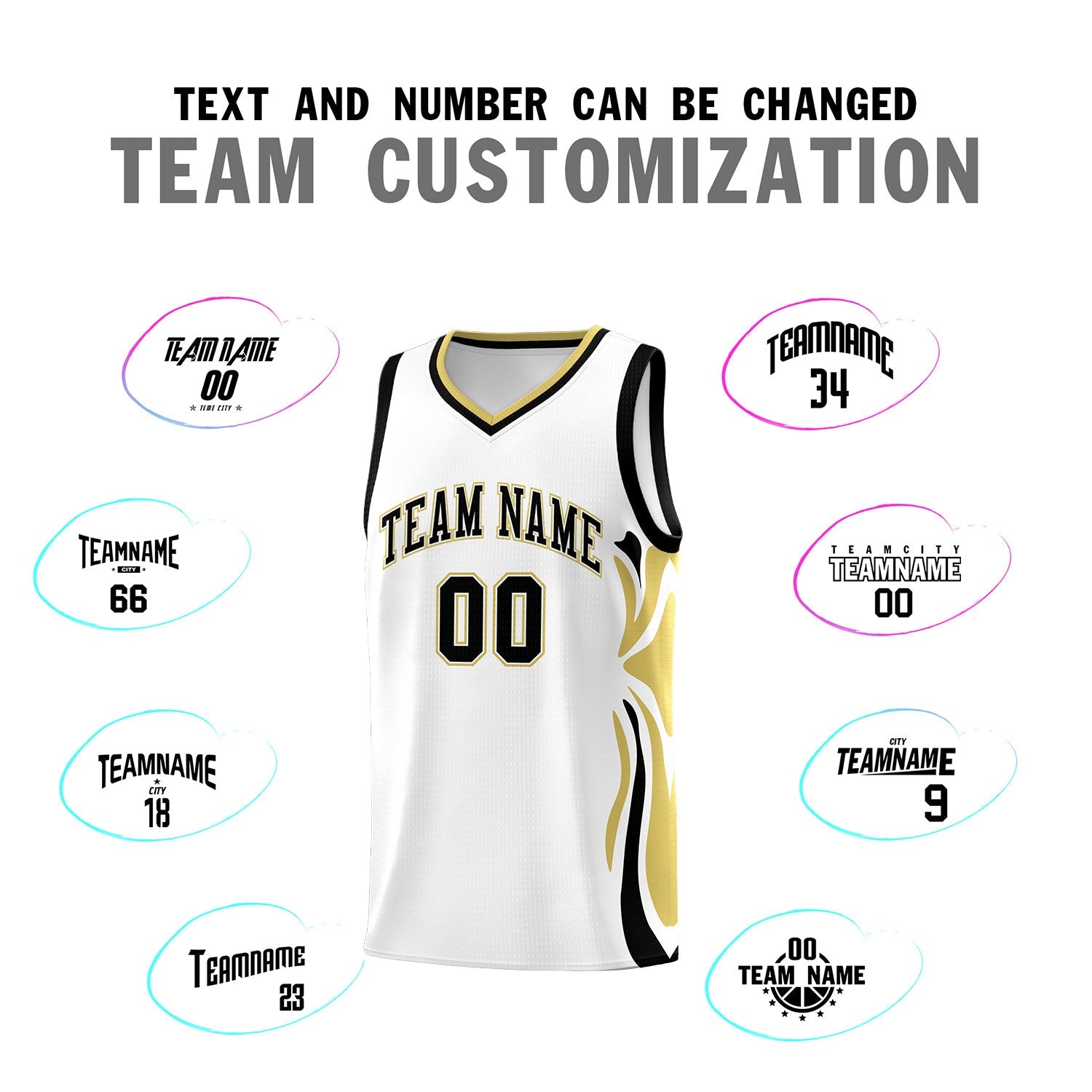 Custom White Black-Old Gold Graffiti Pattern Side Curve Pattern Sports Uniform Basketball Jersey Sets