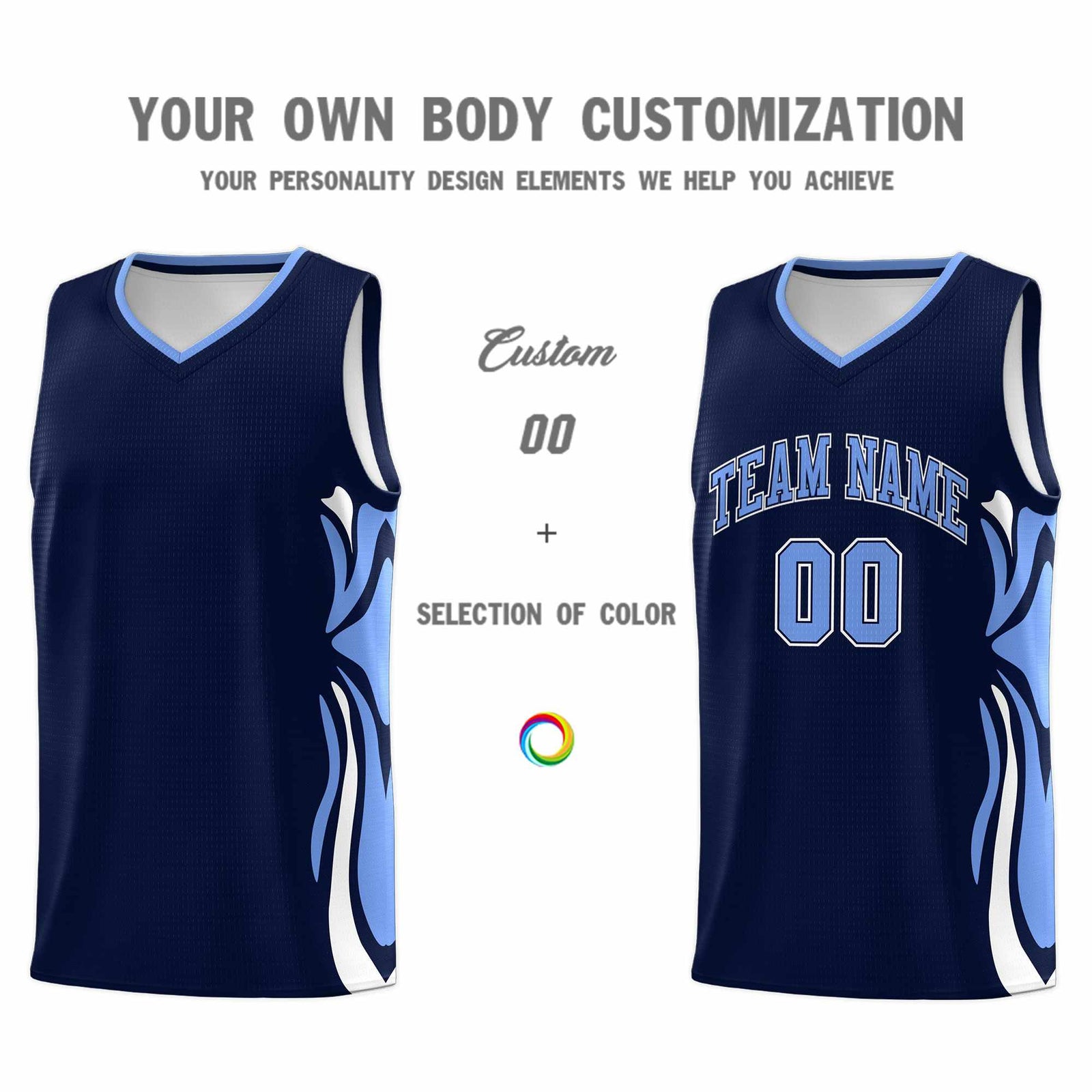 Custom Navy Light Blue-White Graffiti Pattern Side Curve Pattern Sports Uniform Basketball Jersey Sets