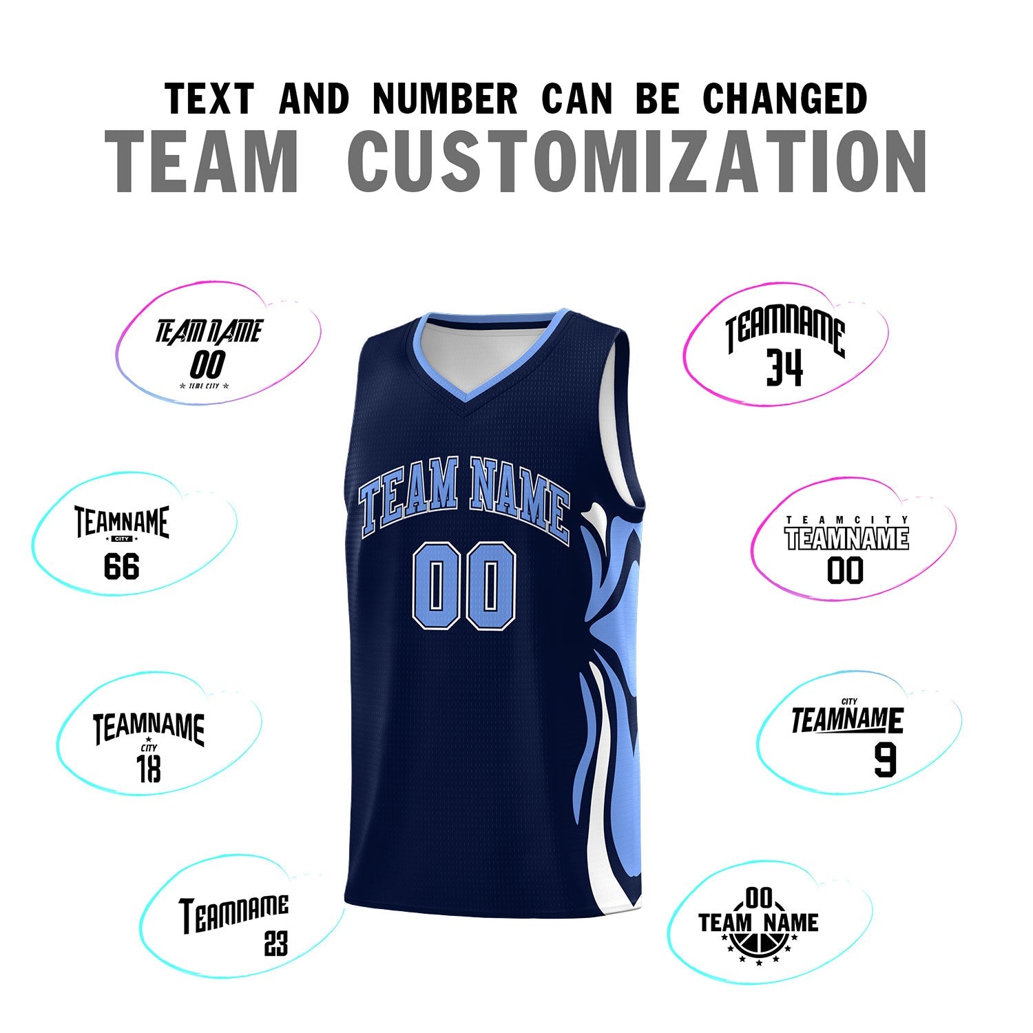 Custom Navy Light Blue-White Graffiti Pattern Side Curve Pattern Sports Uniform Basketball Jersey Sets