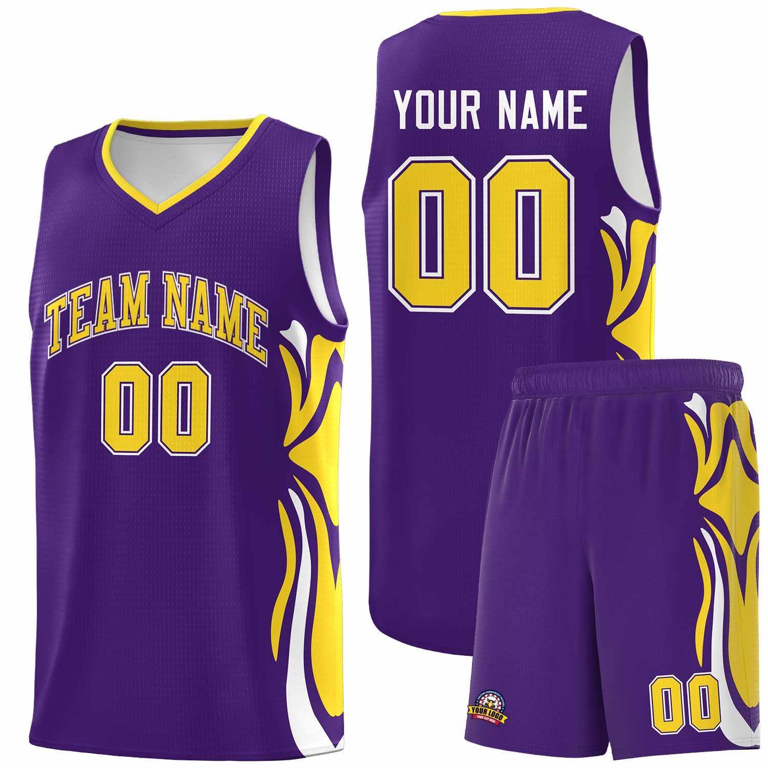 Custom Purple Gold-White Graffiti Pattern Side Curve Pattern Sports Uniform Basketball Jersey Sets