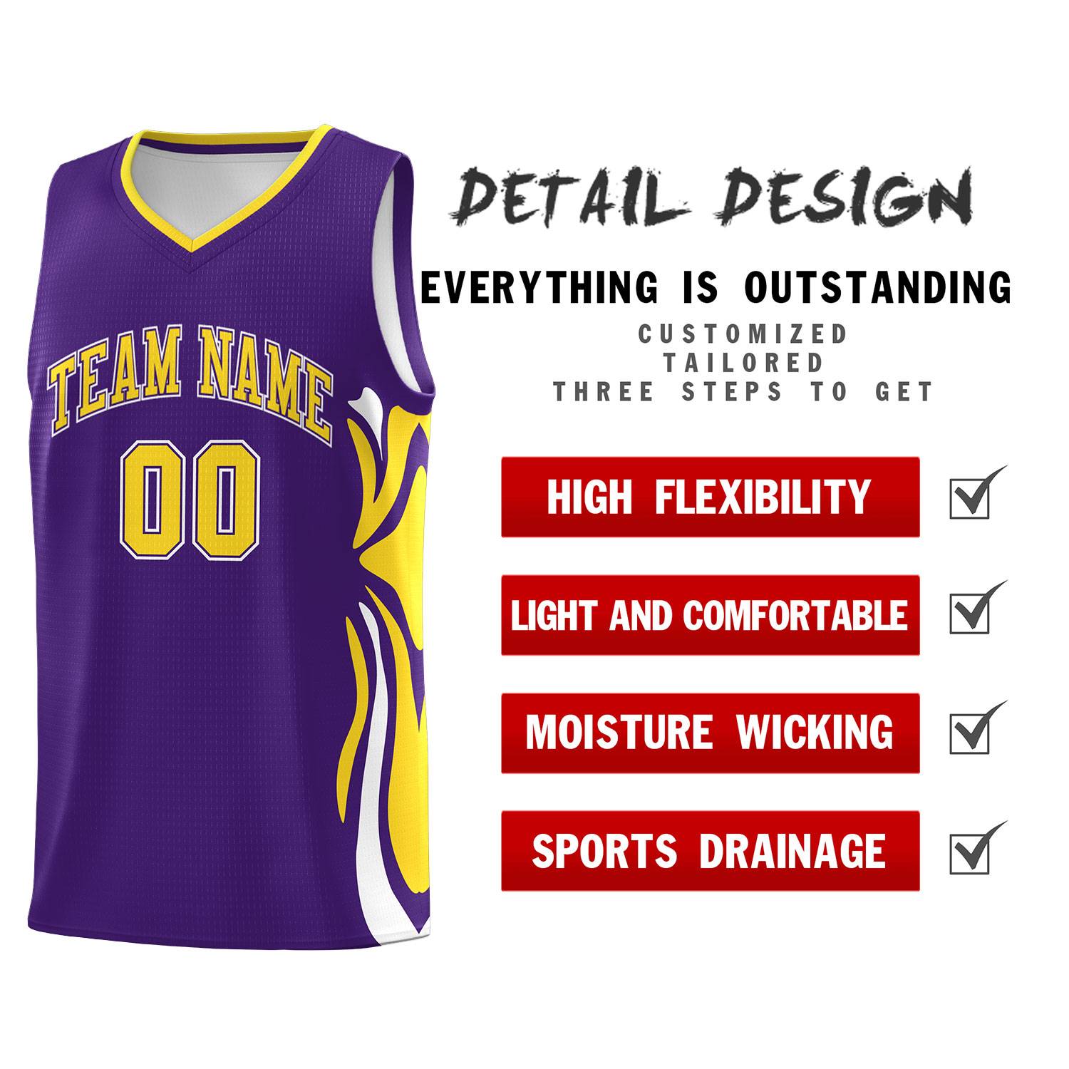 Custom Purple Gold-White Graffiti Pattern Side Curve Pattern Sports Uniform Basketball Jersey Sets