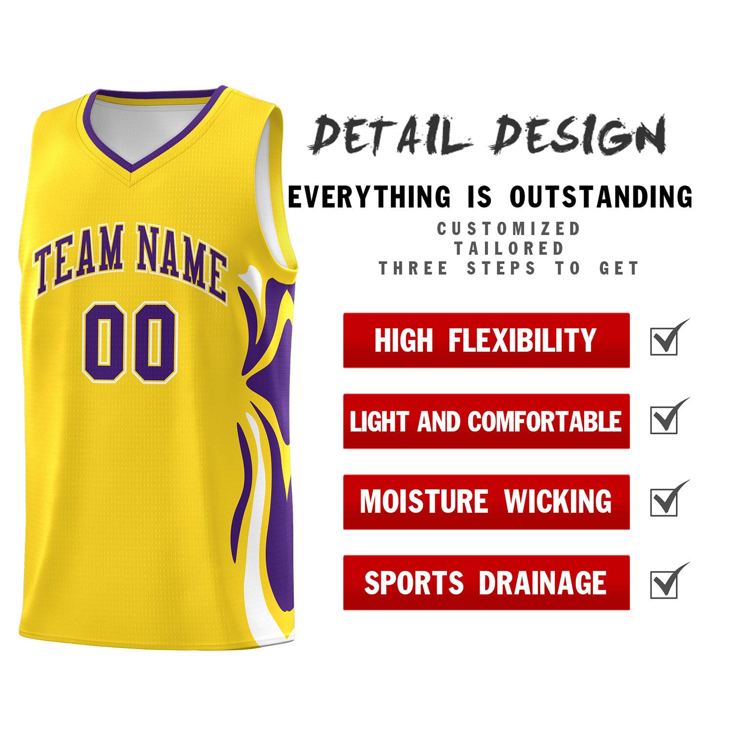 Custom Gold Purple-White Graffiti Pattern Side Curve Pattern Sports Uniform Basketball Jersey Sets