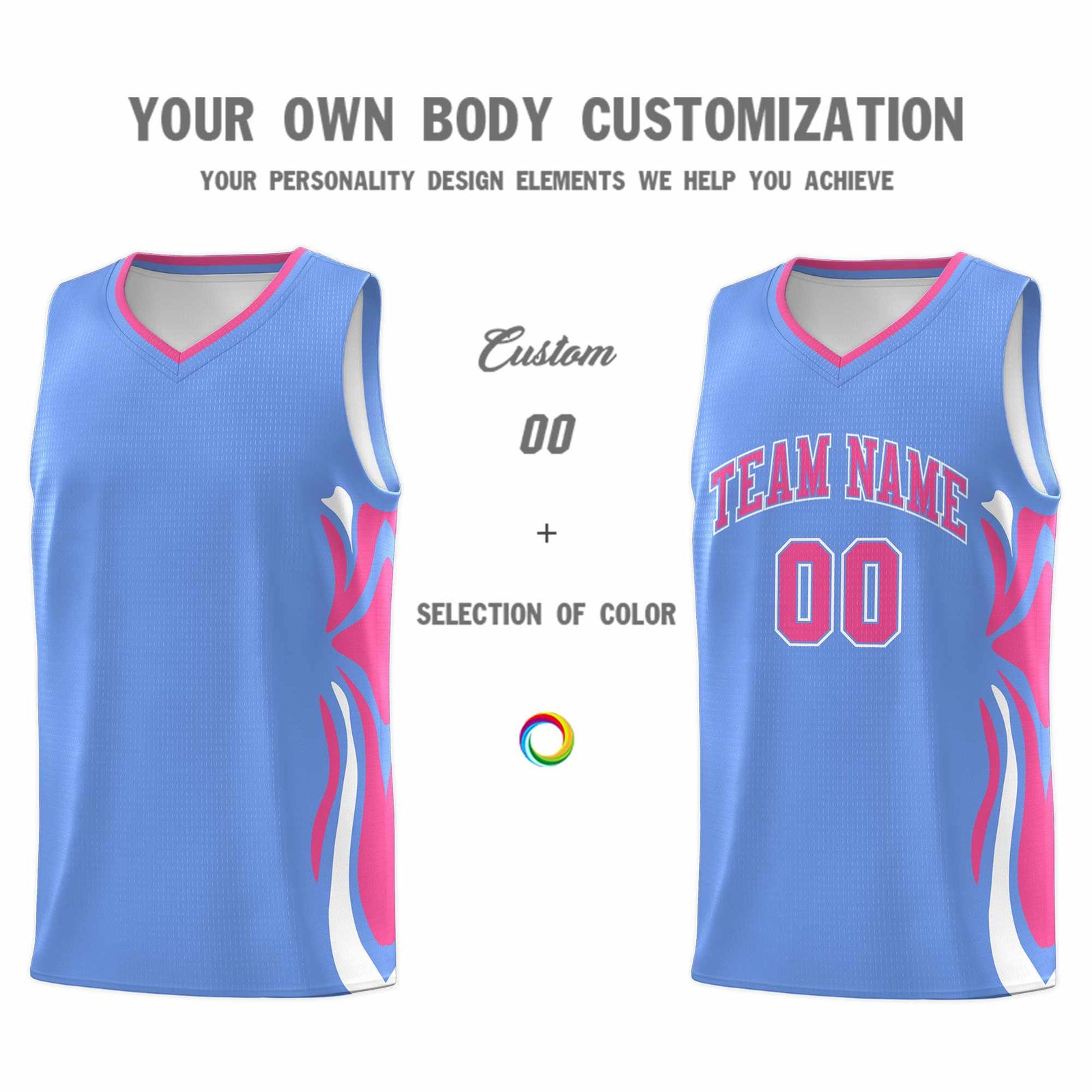 Custom Light Blue Pink-White Graffiti Pattern Side Curve Pattern Sports Uniform Basketball Jersey Sets