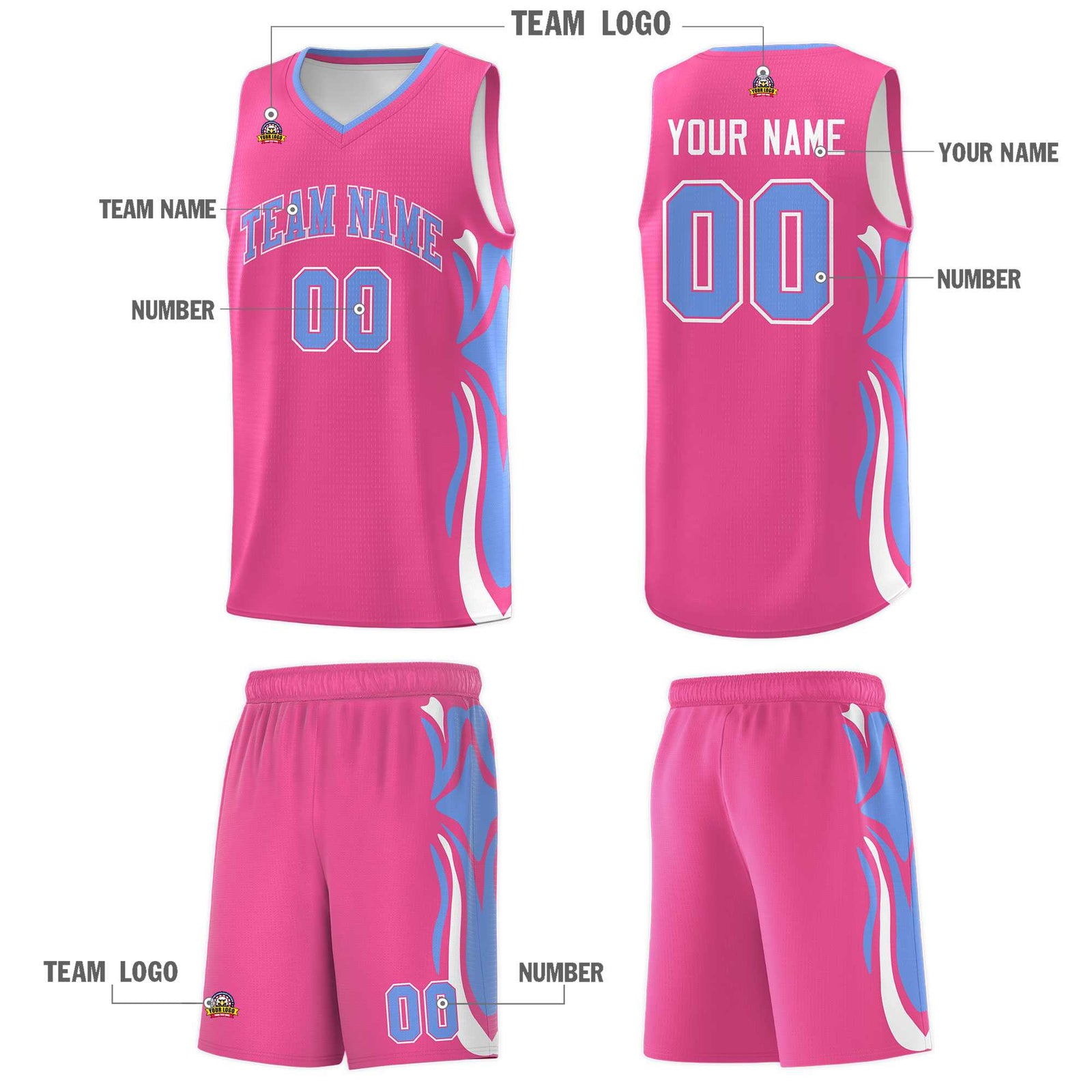 Custom Pink Light Blue-White Graffiti Pattern Side Curve Pattern Sports Uniform Basketball Jersey Sets