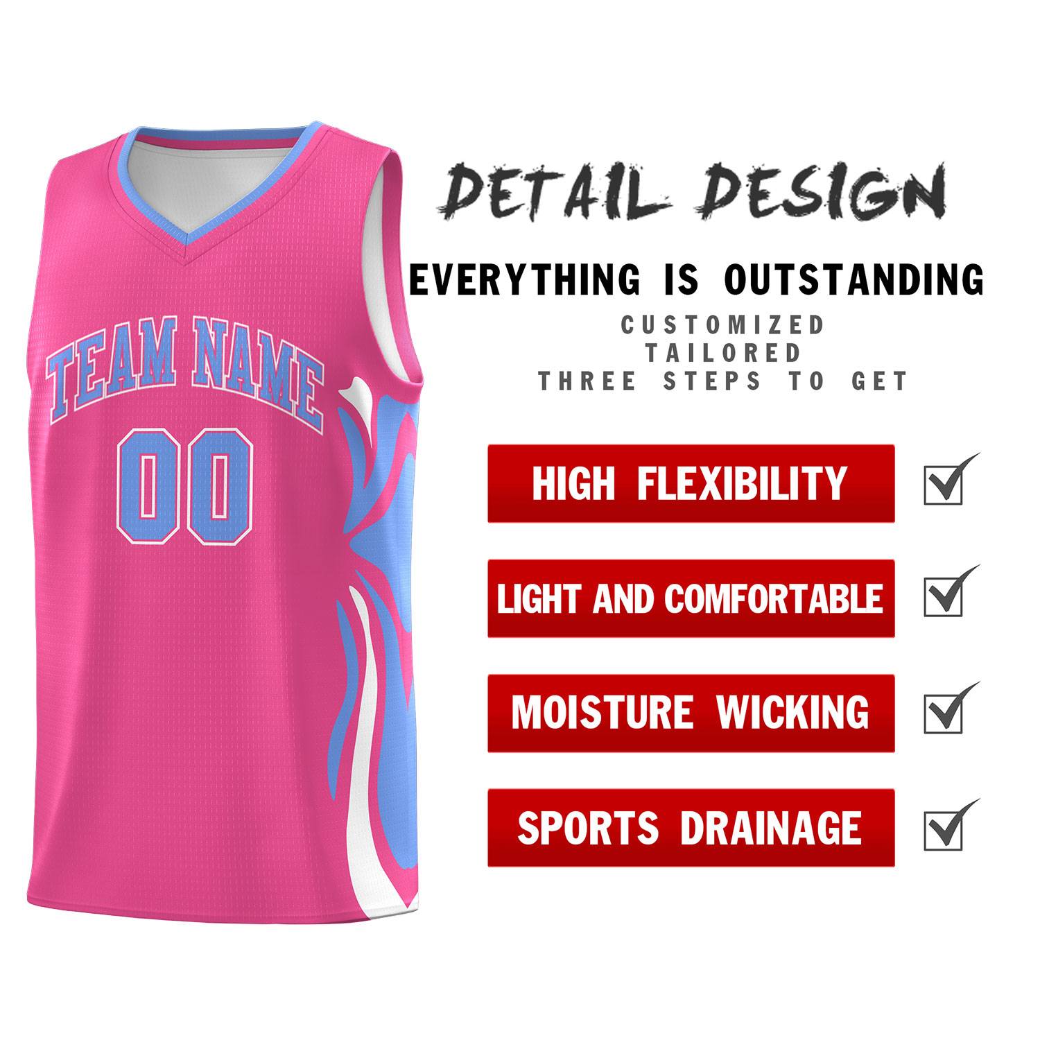 Custom Pink Light Blue-White Graffiti Pattern Side Curve Pattern Sports Uniform Basketball Jersey Sets