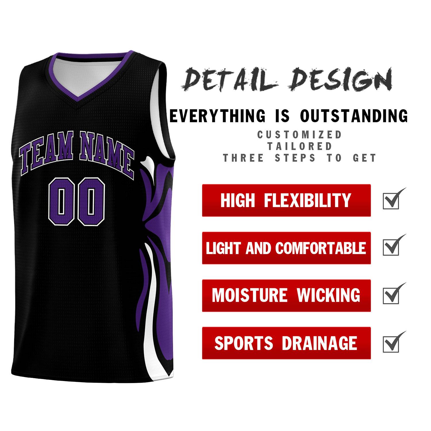 Custom Black Purple-White Graffiti Pattern Side Curve Pattern Sports Uniform Basketball Jersey Sets