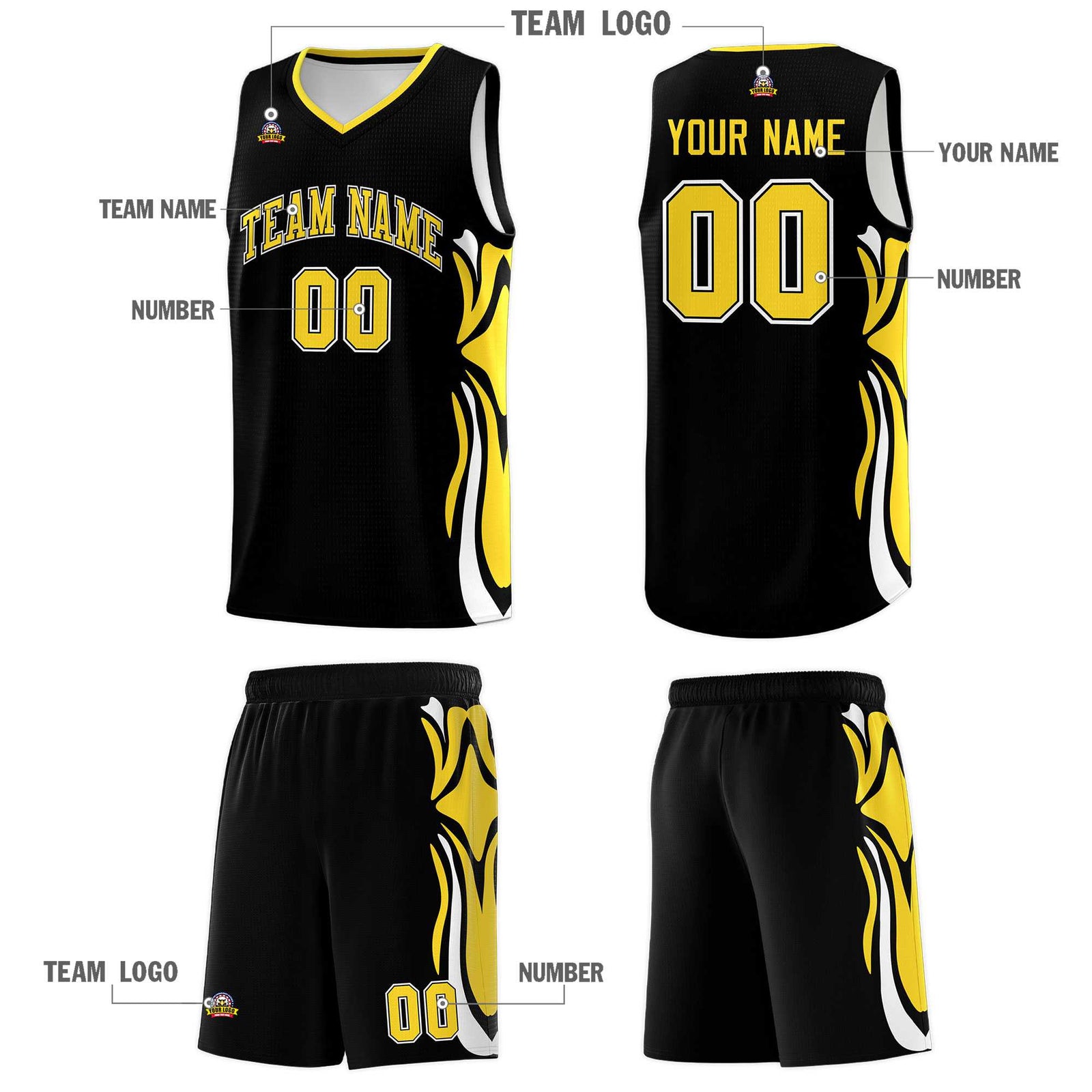 Custom Black Gold-White Graffiti Pattern Side Curve Pattern Sports Uniform Basketball Jersey Sets
