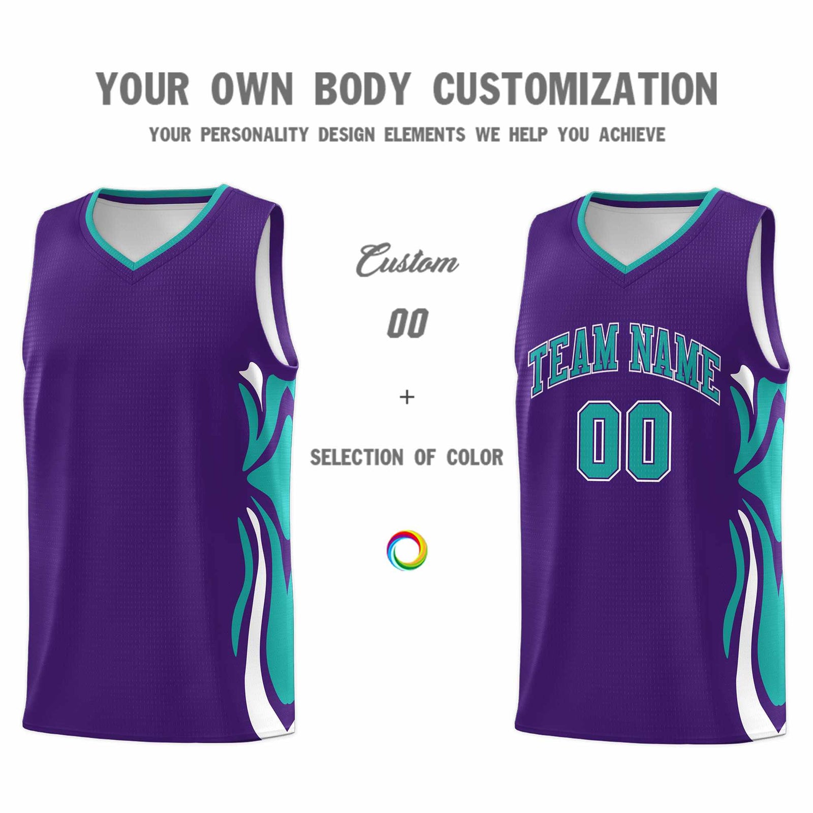 Custom Purple Aqua-White Graffiti Pattern Side Curve Pattern Sports Uniform Basketball Jersey Sets