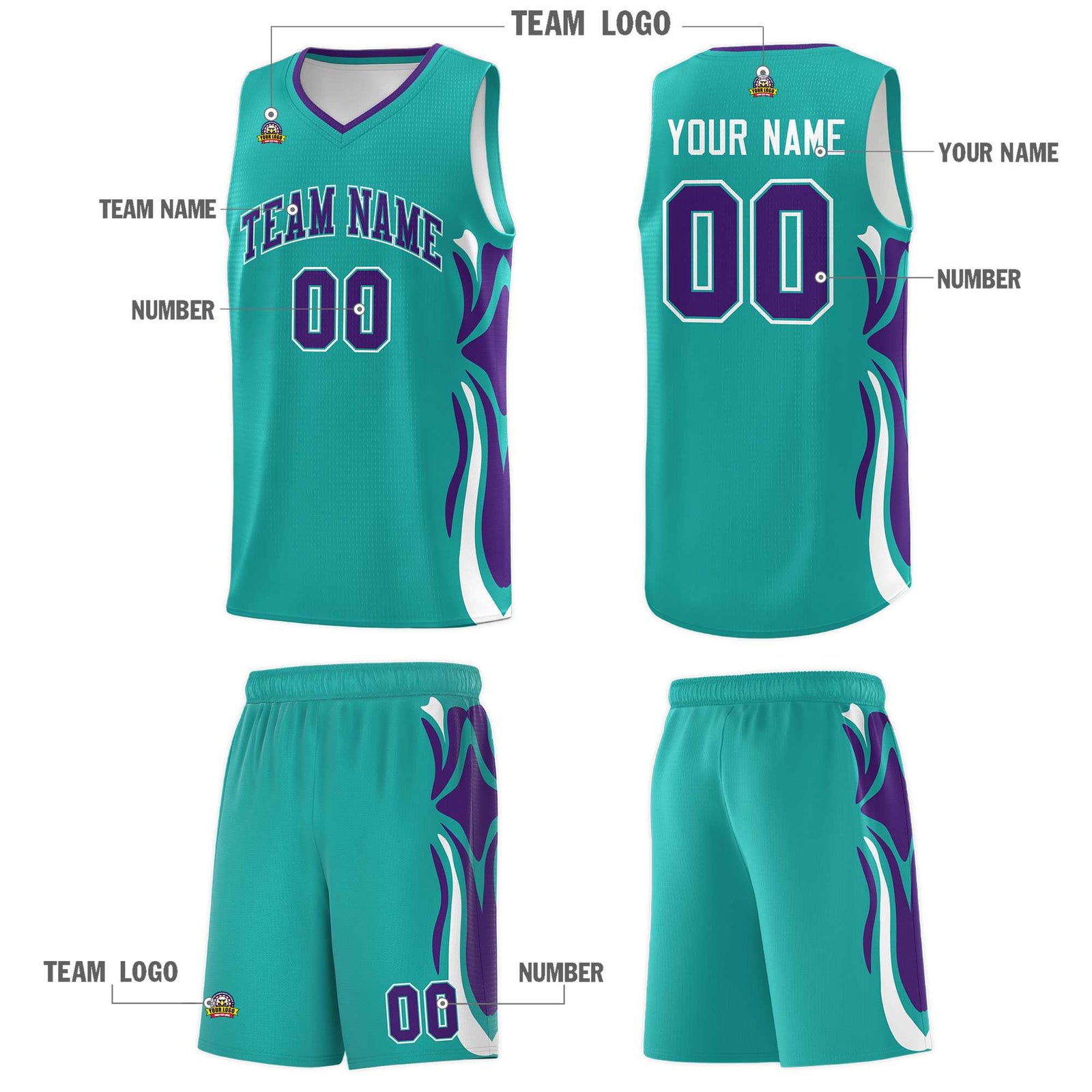 Custom Aqua Purple-White Graffiti Pattern Side Curve Pattern Sports Uniform Basketball Jersey Sets