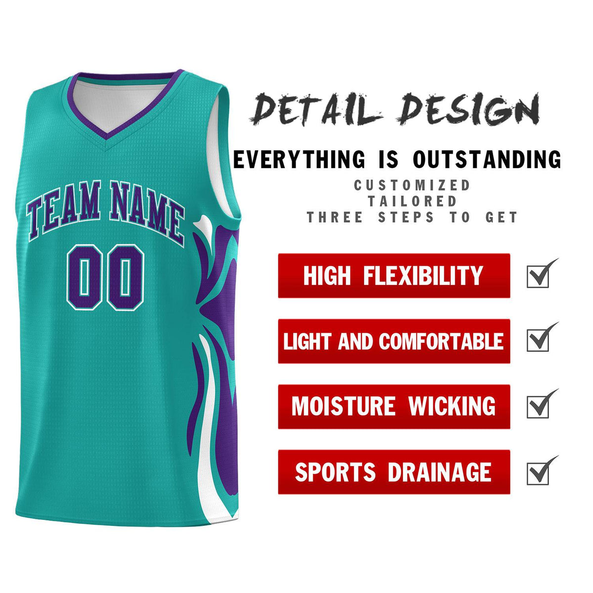 Custom Aqua Purple-White Graffiti Pattern Side Curve Pattern Sports Uniform Basketball Jersey Sets